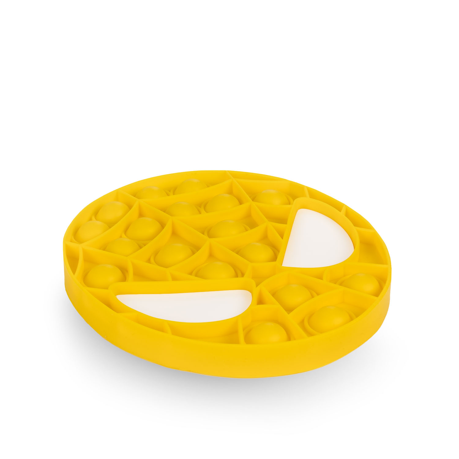 Un gioco pop-it giallo con bolle a forma di volto su sfondo bianco.