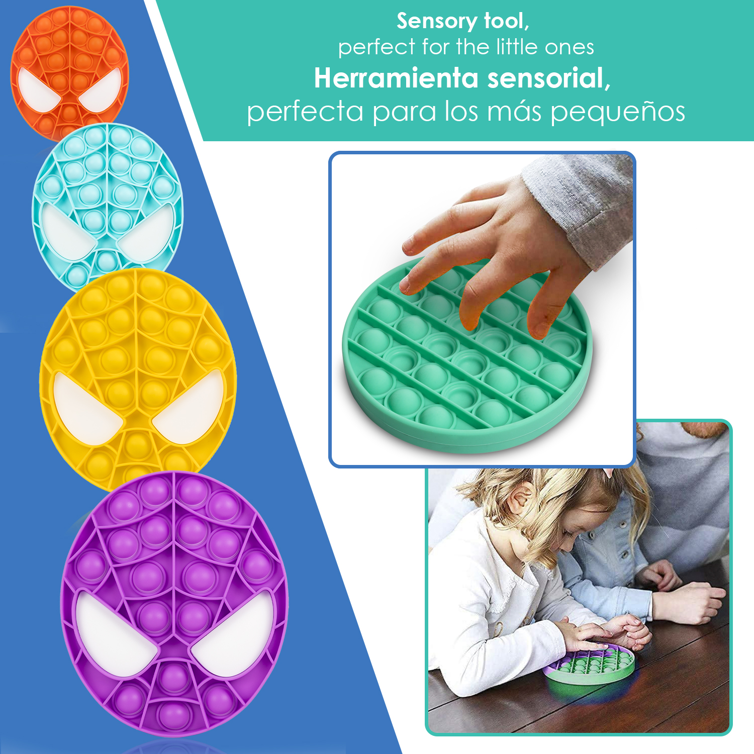 Quattro giocattoli Pop-It a forma di Spiderman in arancione, turchese, giallo e viola.