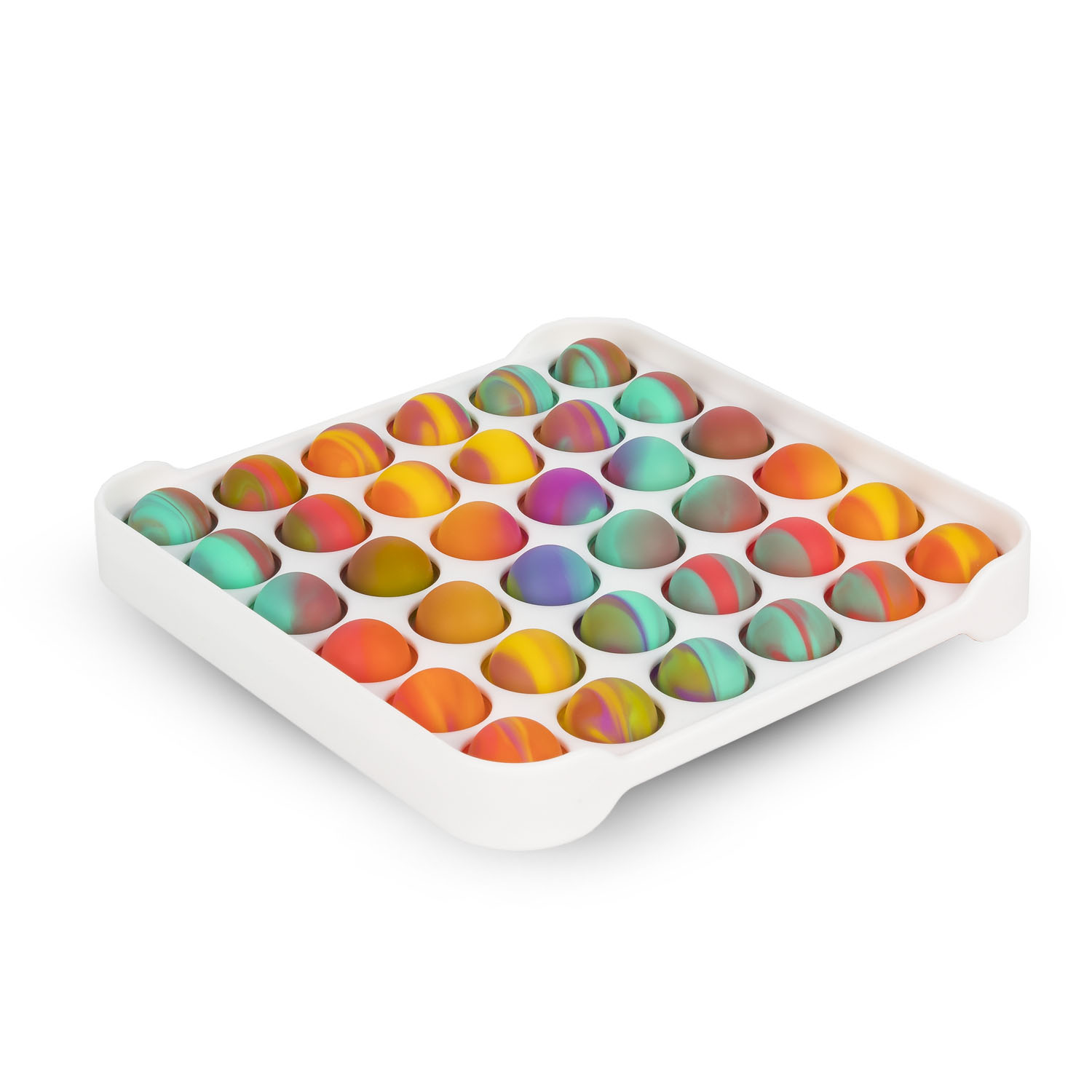 Un juguete blanco con 36 burbujas coloridas y marmoleadas en una cuadrícula de 6x6.