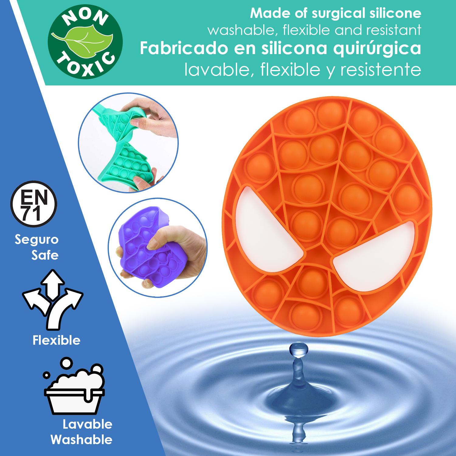 Giocattolo Pop-it Spiderman arancione sopra l'acqua. Mostrati anche verde e viola.