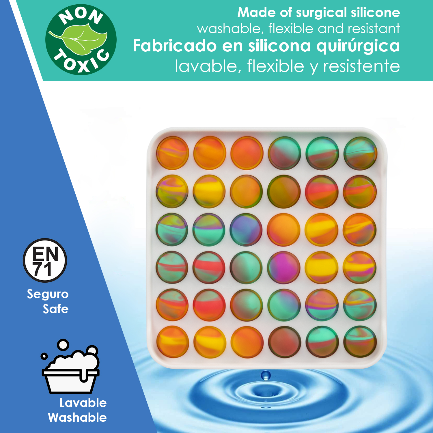 Un juguete pop-it de silicona con burbujas coloridas sobre fondo blanco.