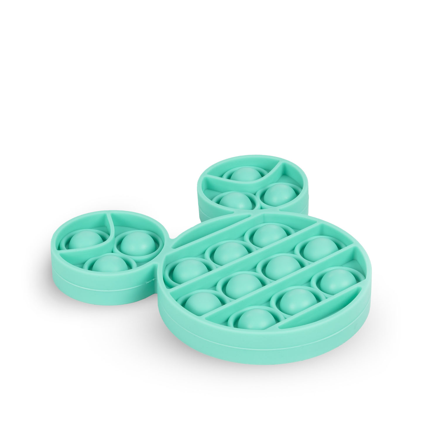 Un juguete antiestrés Pop It en forma de Mickey Mouse de color verde azulado.
