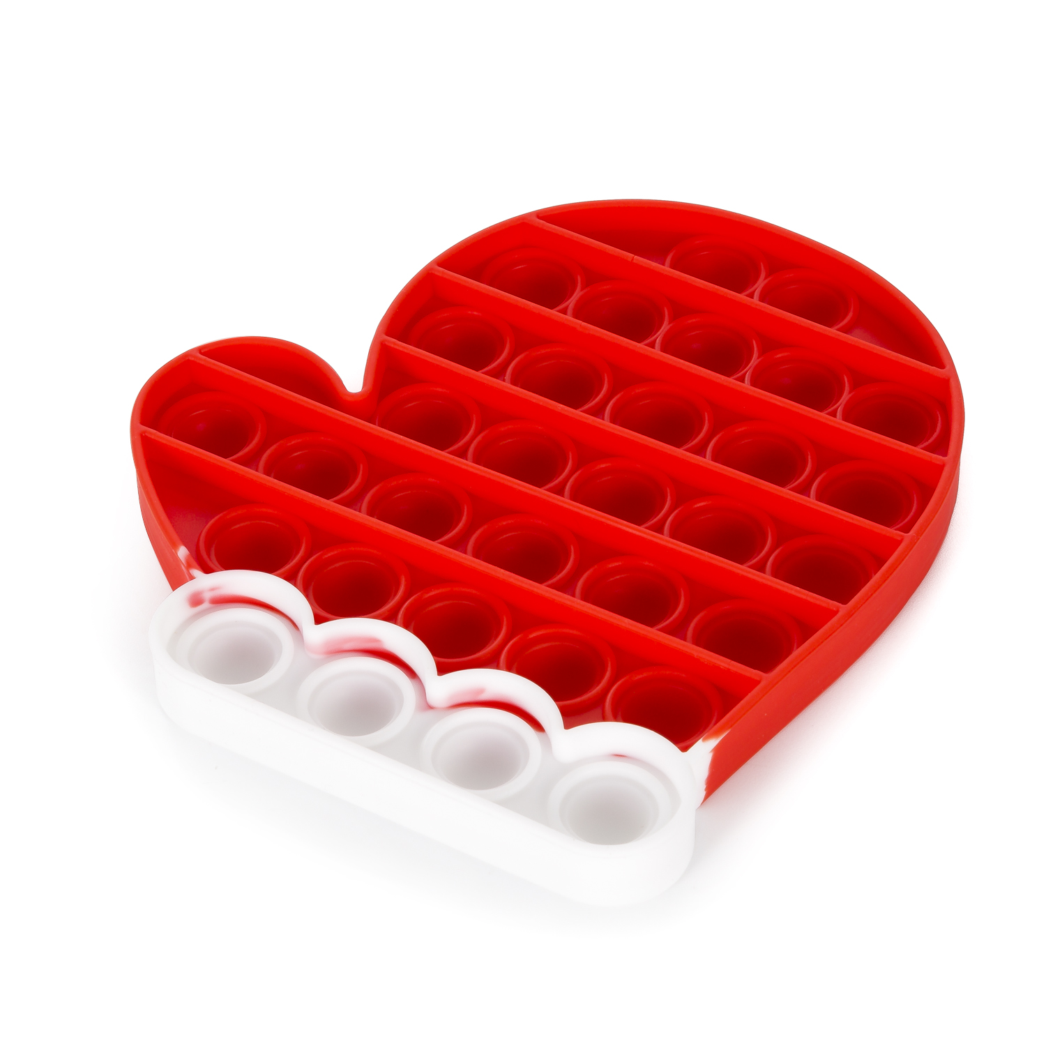 Un juguete pop-it rojo en forma de corazón con burbujas blancas abajo.