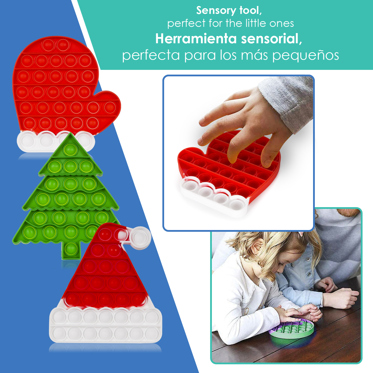 Juguetes pop-it con forma de gorro, guante y árbol.