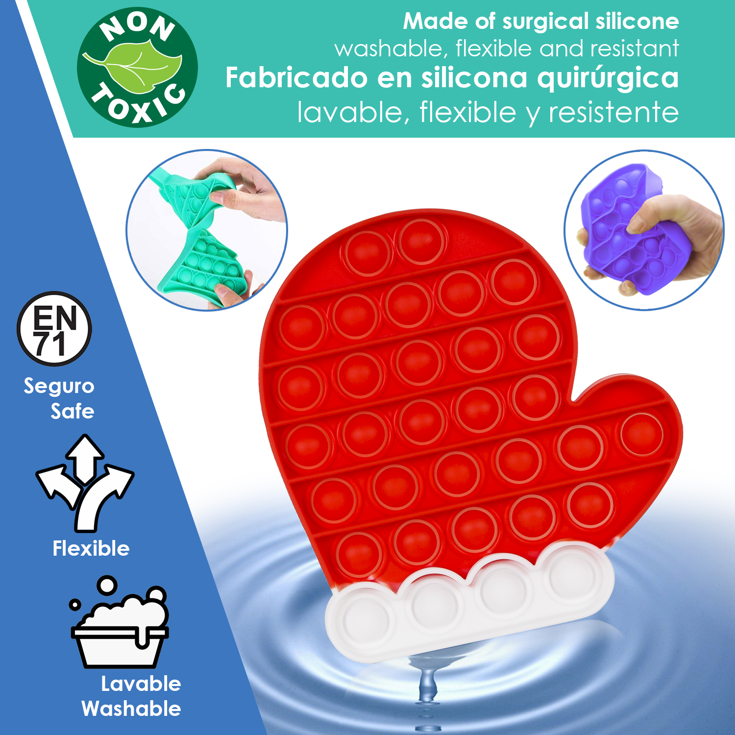 Un juguete pop-it rojo con forma de manopla con botones blancos sobre agua azul.
