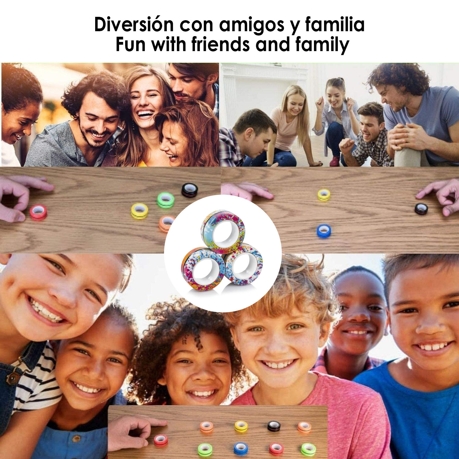 Collage che mostra gruppi che ridono, magneti ad anello e bambini.