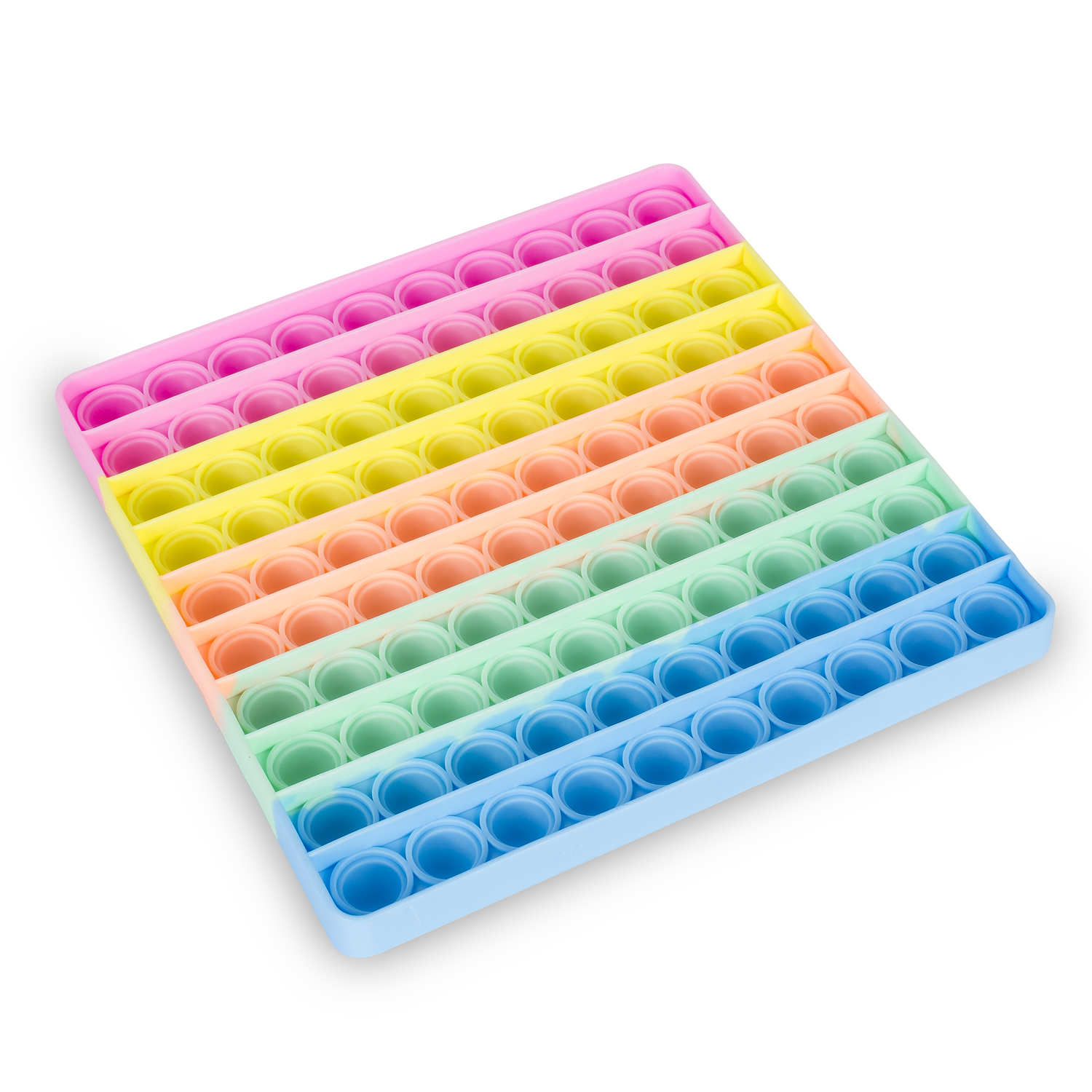 Un juguete pop-it cuadrado con burbujas coloridas en rosa, amarillo, naranja, verde y azul.