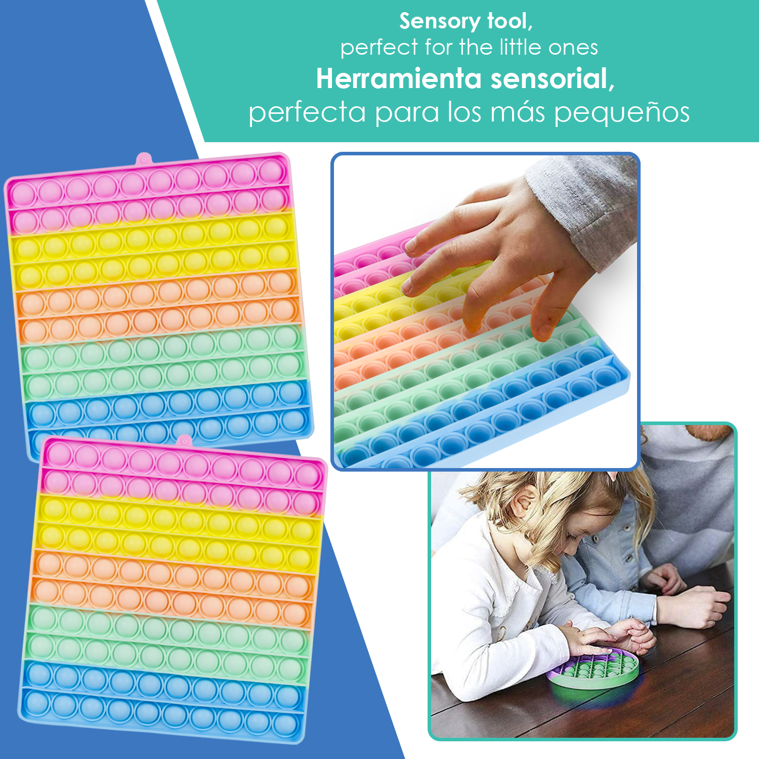 Juguetes pop-it coloridos con burbujas arcoíris, usados por niños.