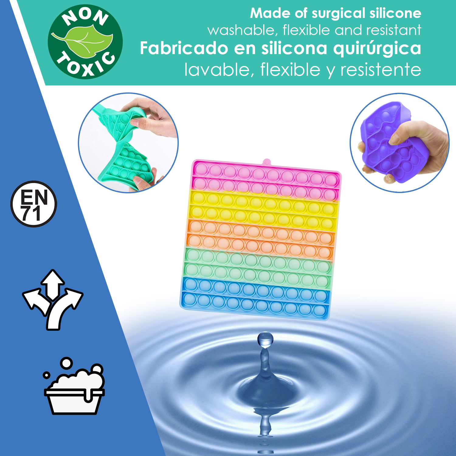 Juguete Pop-It colorido, de silicona, en agua con una gota.