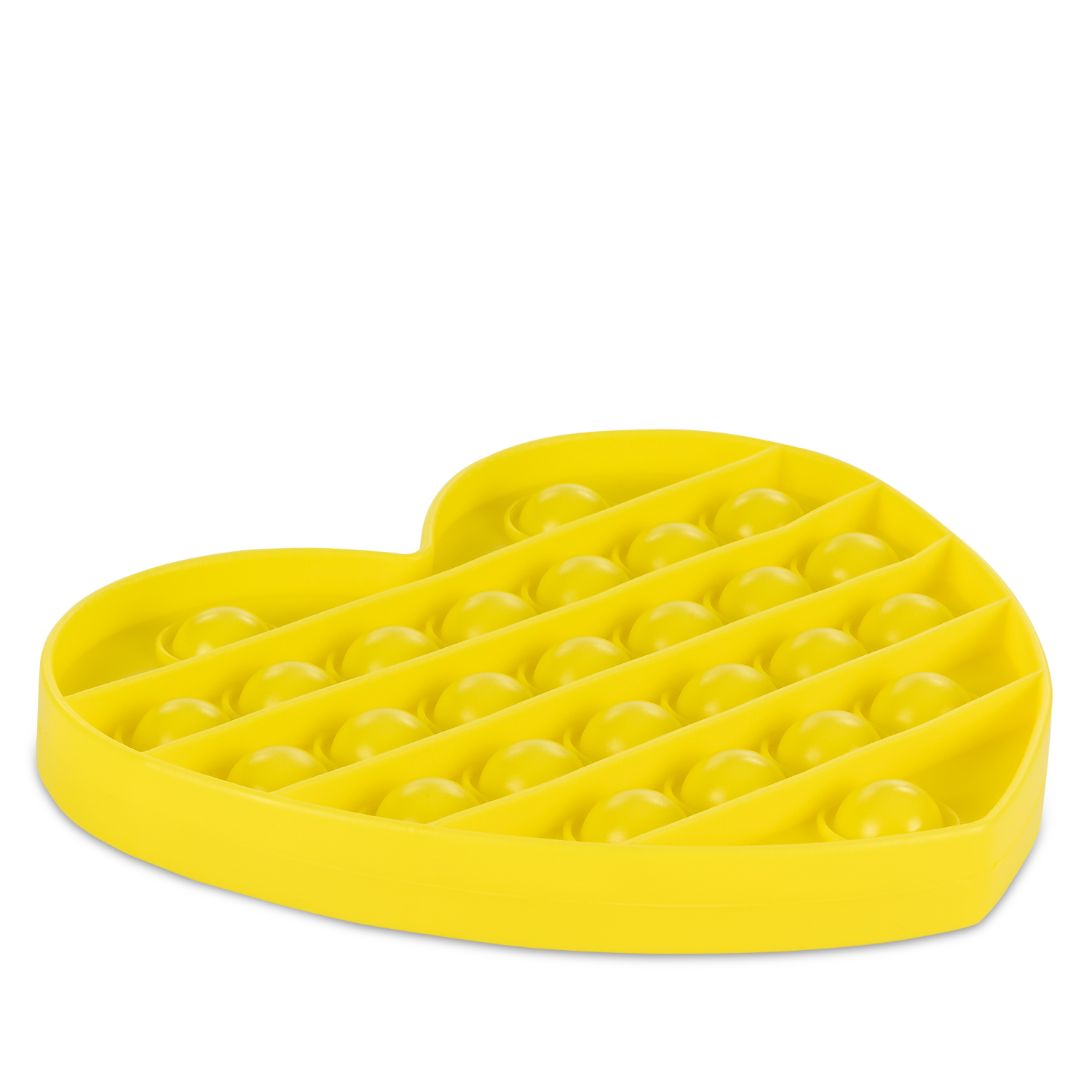 Un juguete Pop It amarillo en forma de corazón con muchas burbujas.