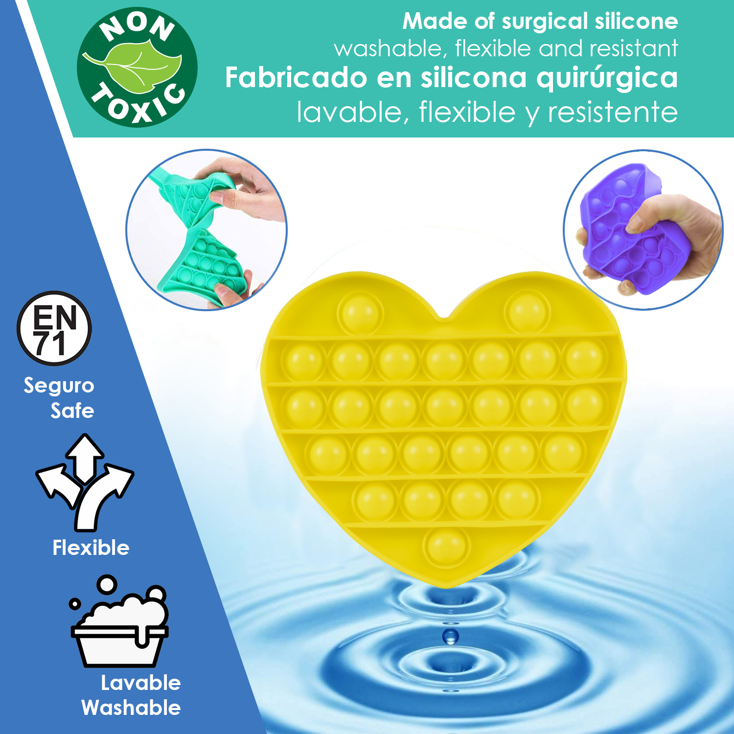 Juguete pop-it de corazón amarillo de silicona con efecto de agua. Incluye sello EN 71.
