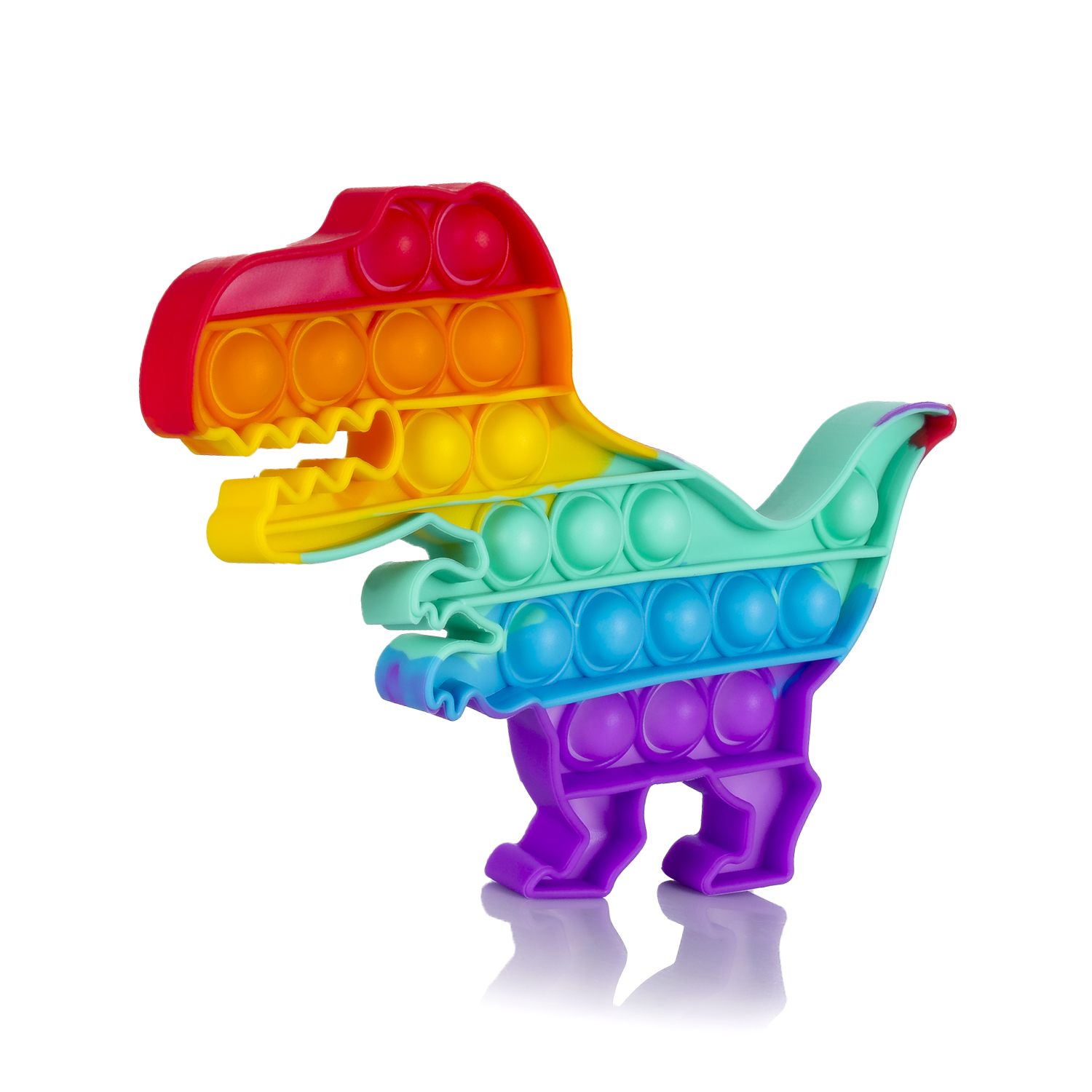 Un juguete sensorial con forma de dinosaurio arcoíris.