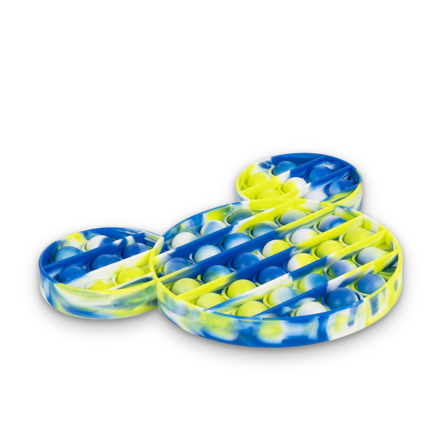 Un colorido juguete pop-it con forma de Mickey Mouse con burbujas azules, amarillas y blancas.