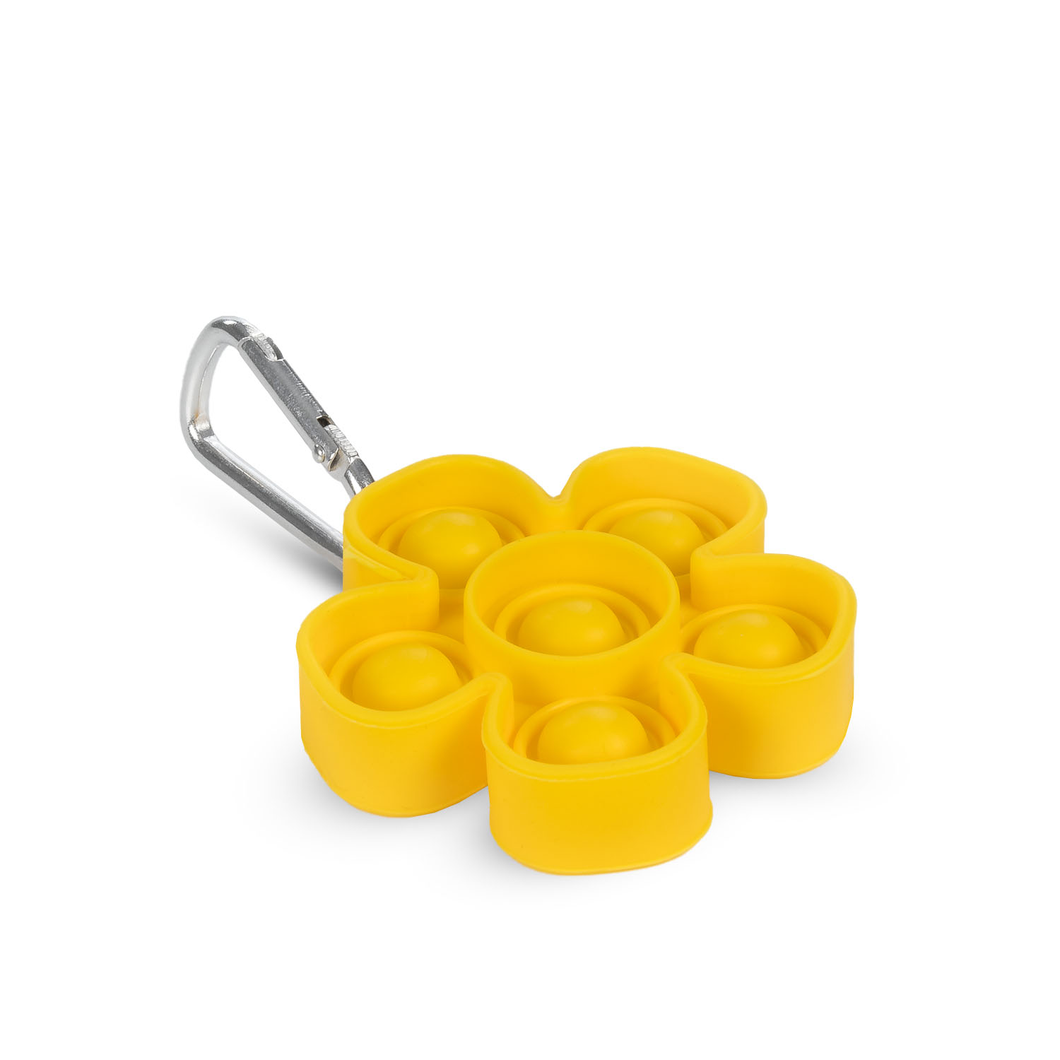 Un juguete poper tipo fidget amarillo con forma de flor y clip.