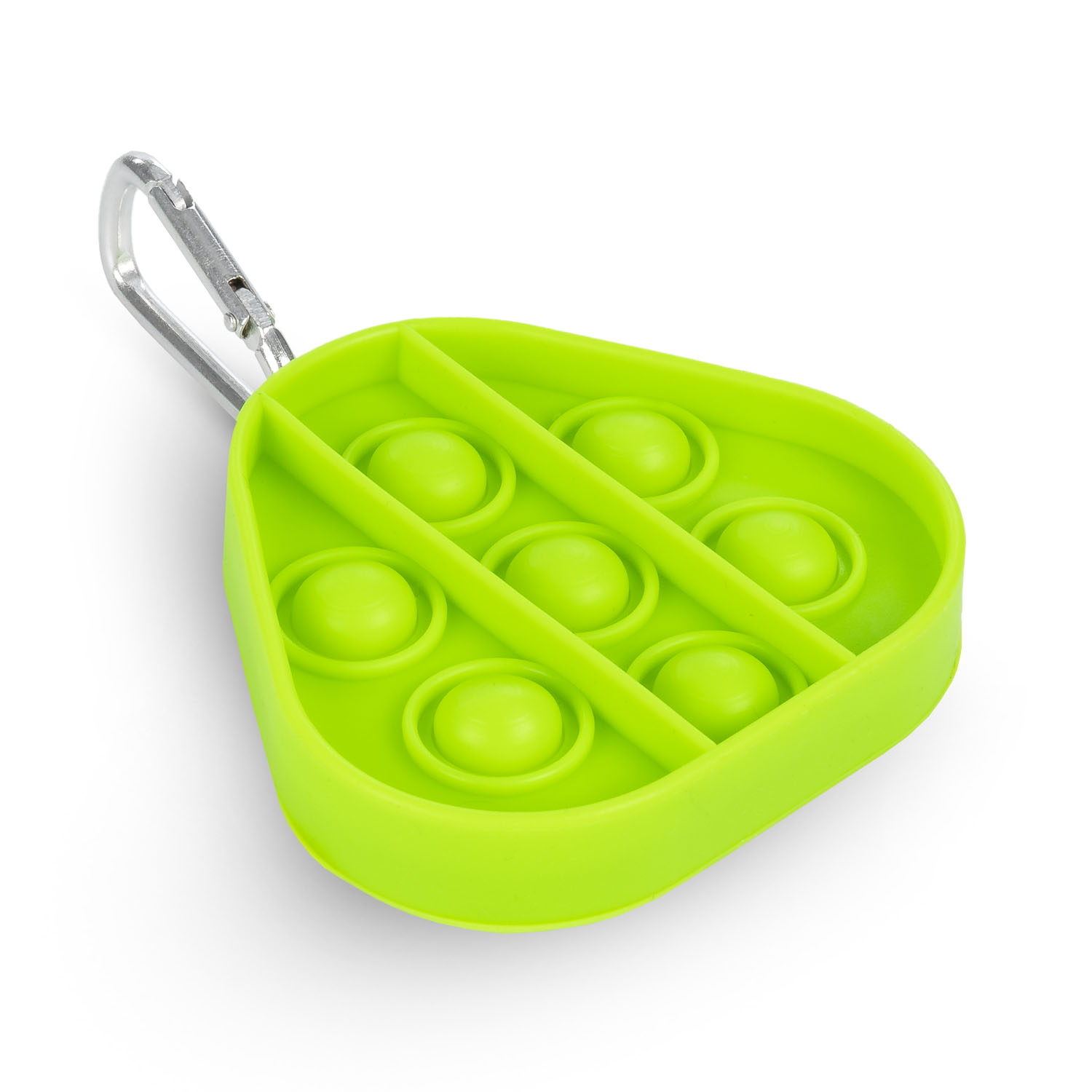 Un juguete pop-it verde brillante con seis burbujas y un clip mosquetón.
