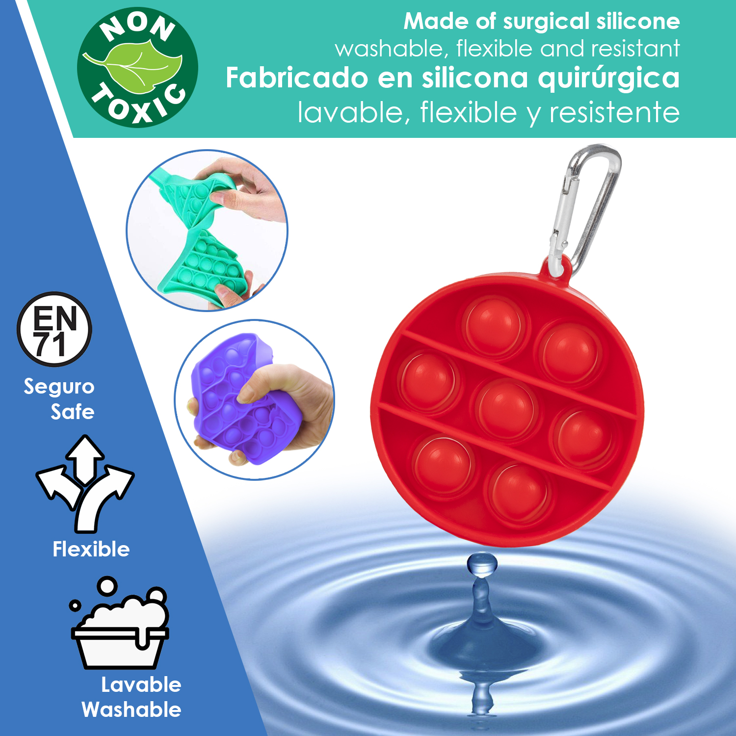 Juguete pop-it rojo con mosquetón sobre agua azul con una gota.