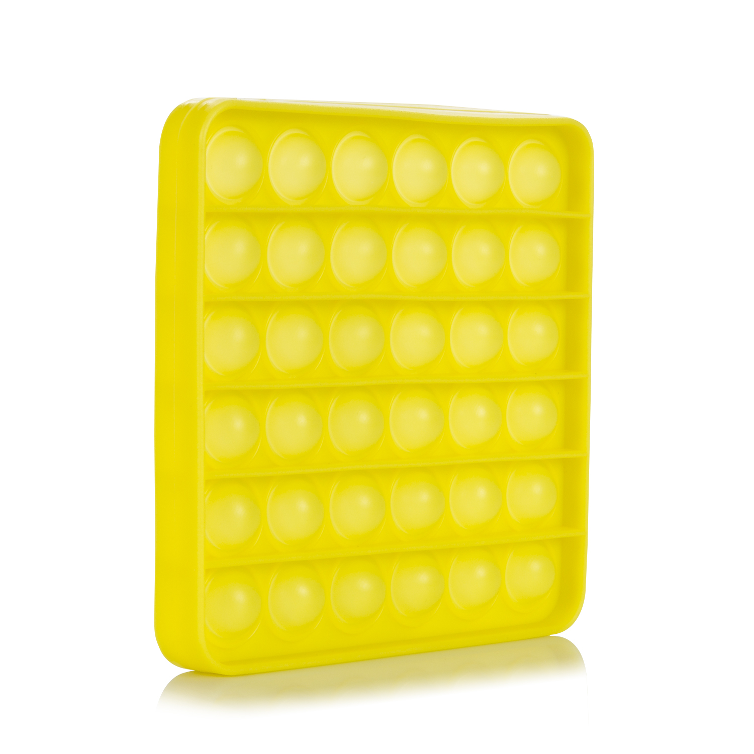Un juguete pop-it amarillo con 30 burbujas sobre fondo blanco.