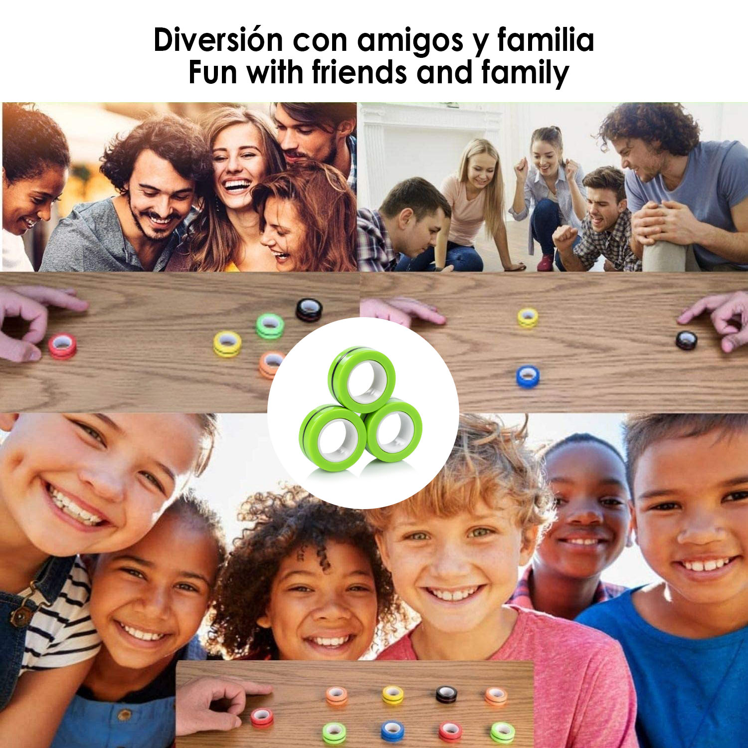 Anelli magnetici colorati su tavolo in legno, bambini sorridenti e gruppo amici.
