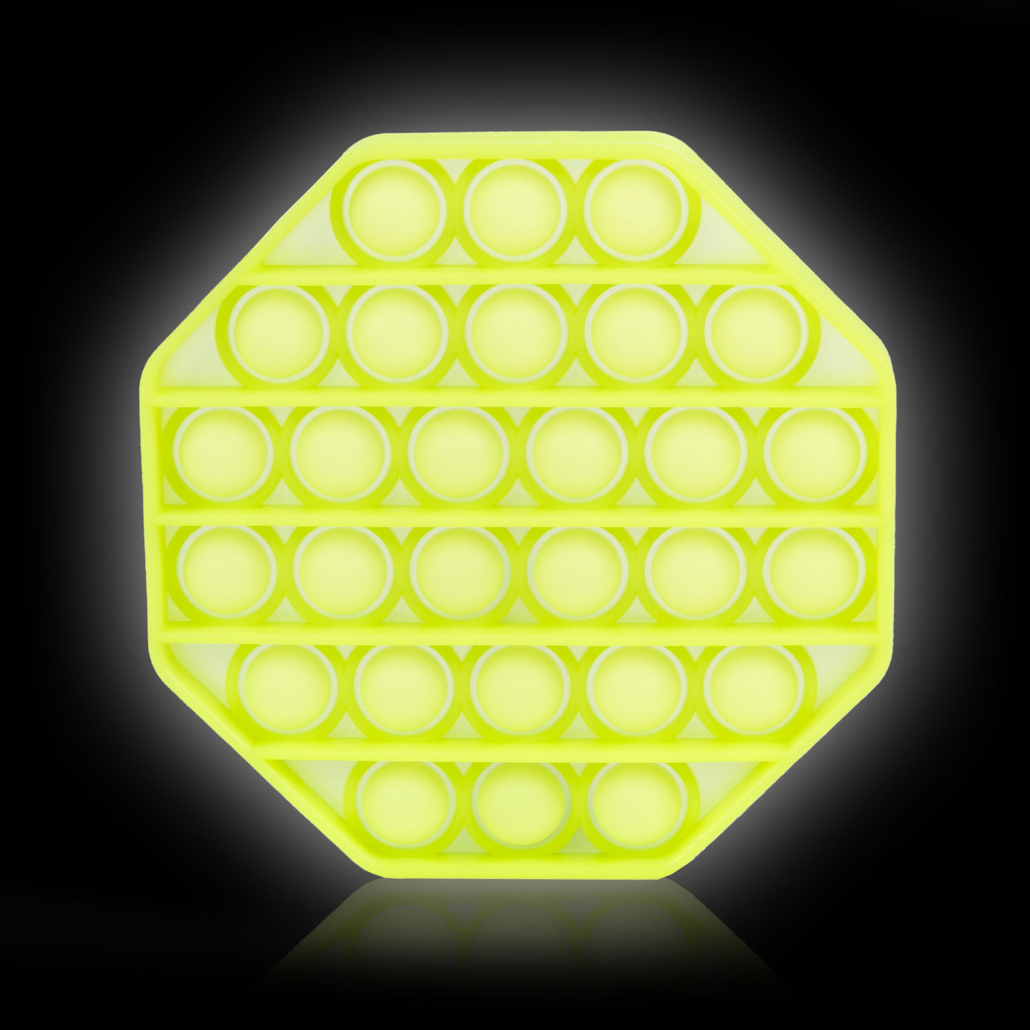 Un juguete pop-it octogonal amarillo neón con 25 burbujas sobre fondo negro.