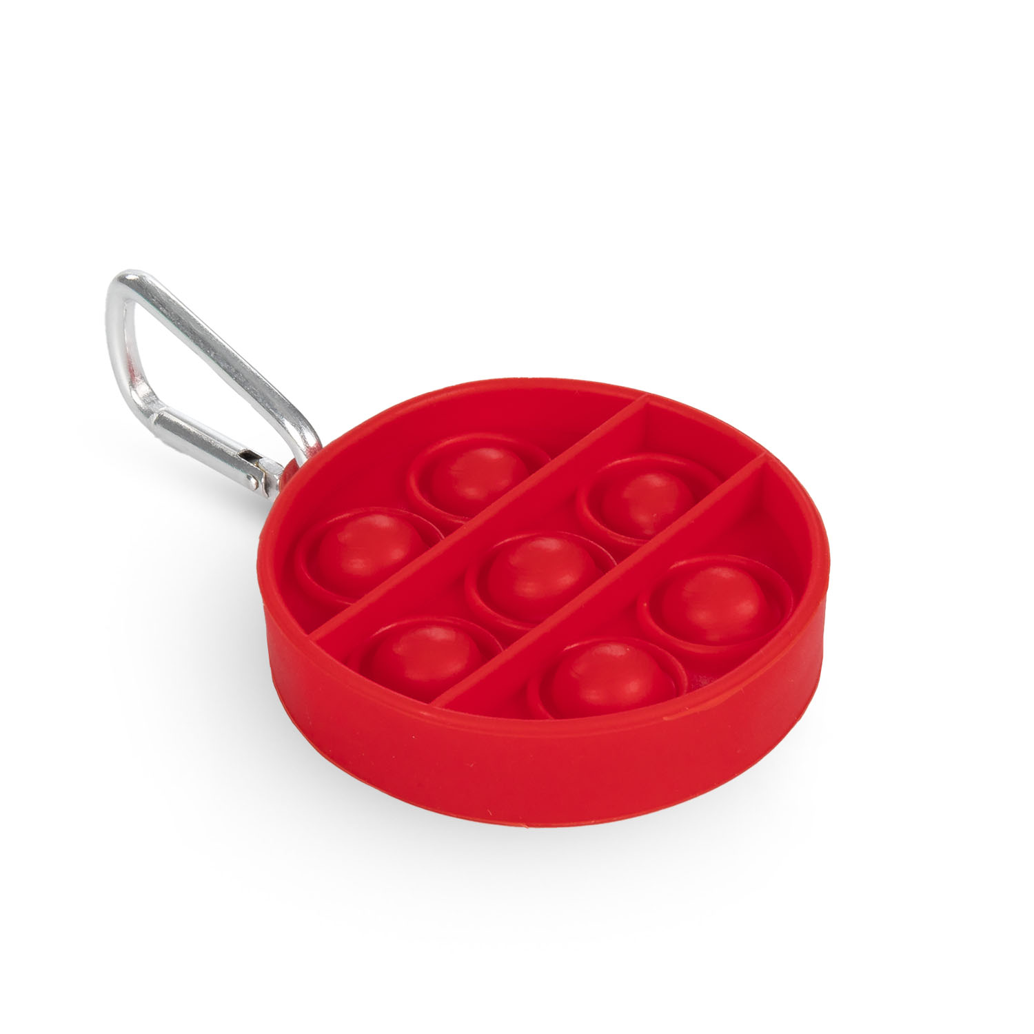 Un juguete Pop-It redondo y rojo con un mosquetón plateado sobre fondo blanco.