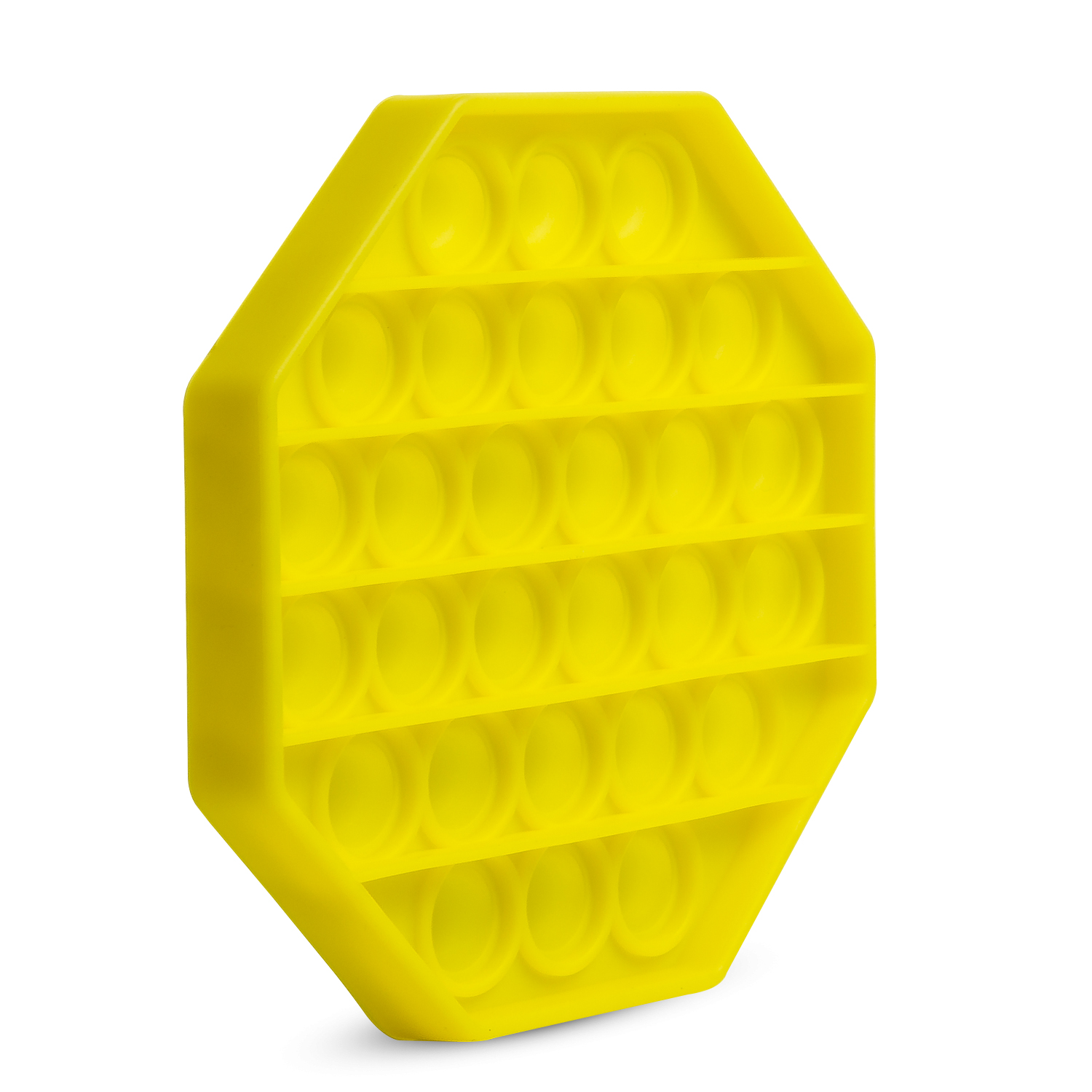 Un juguete Pop It octogonal amarillo con filas de burbujas.