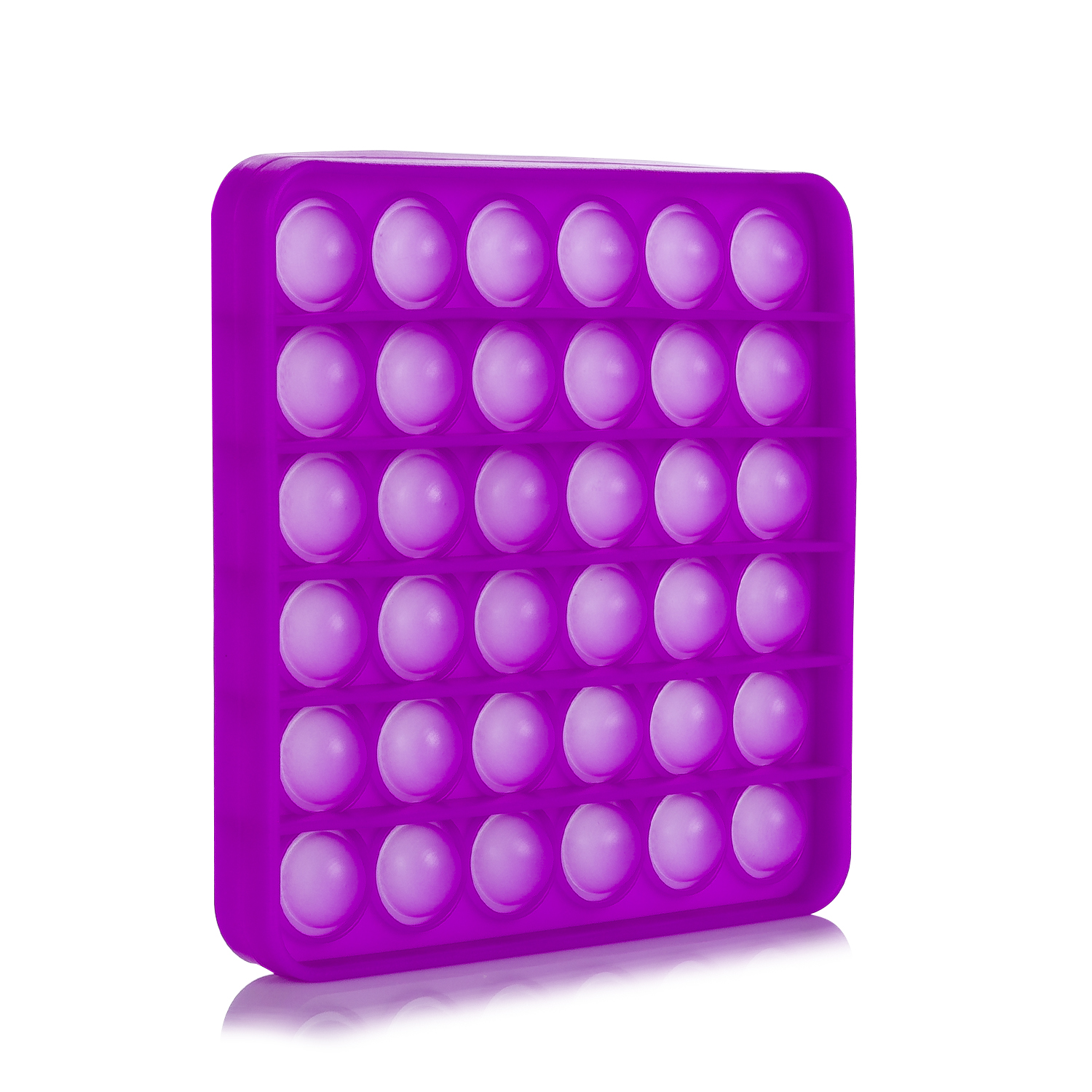 Un juguete Pop-It morado con 25 burbujas en una cuadrícula de 5x5 sobre fondo blanco.