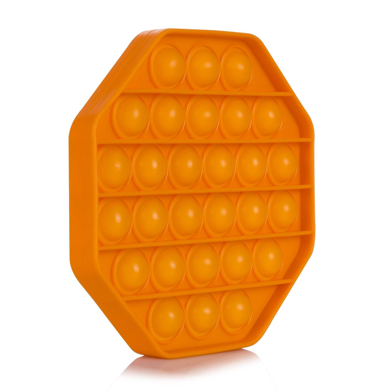 Un juguete Pop-It octogonal naranja con filas de burbujas sobre fondo blanco.