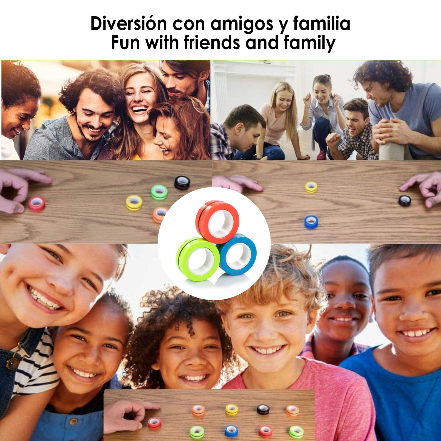 Amigos y familia juegan con anillos magnéticos en mesas de madera.