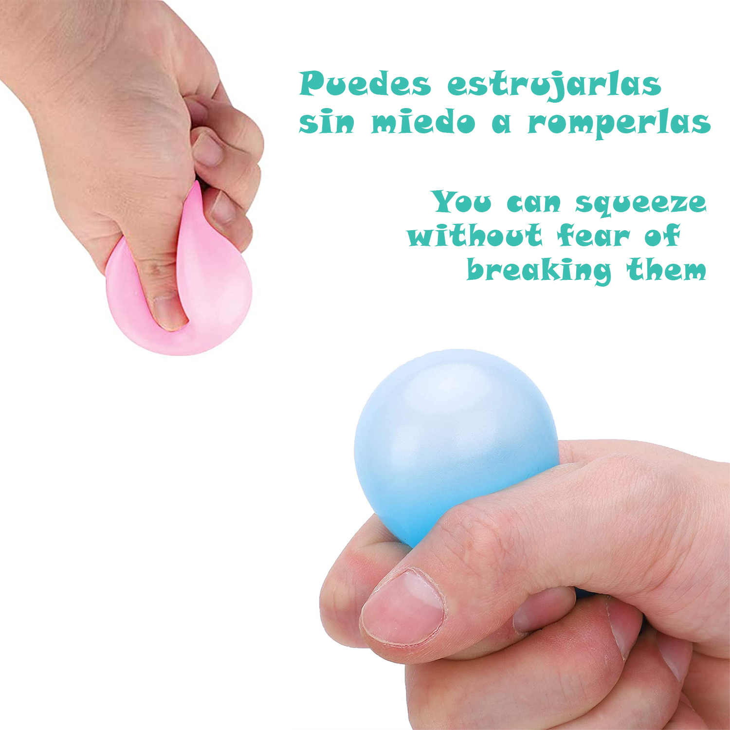 Una mano aprieta una bola rosa, otra mano sostiene una bola azul.