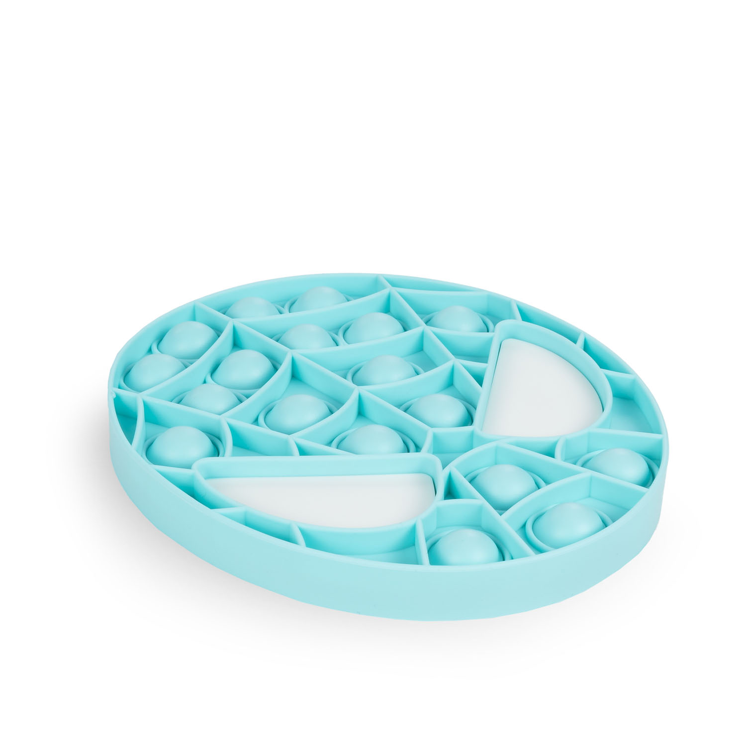 Un giocattolo antistress Pop It color verde acqua con inserti bianchi.