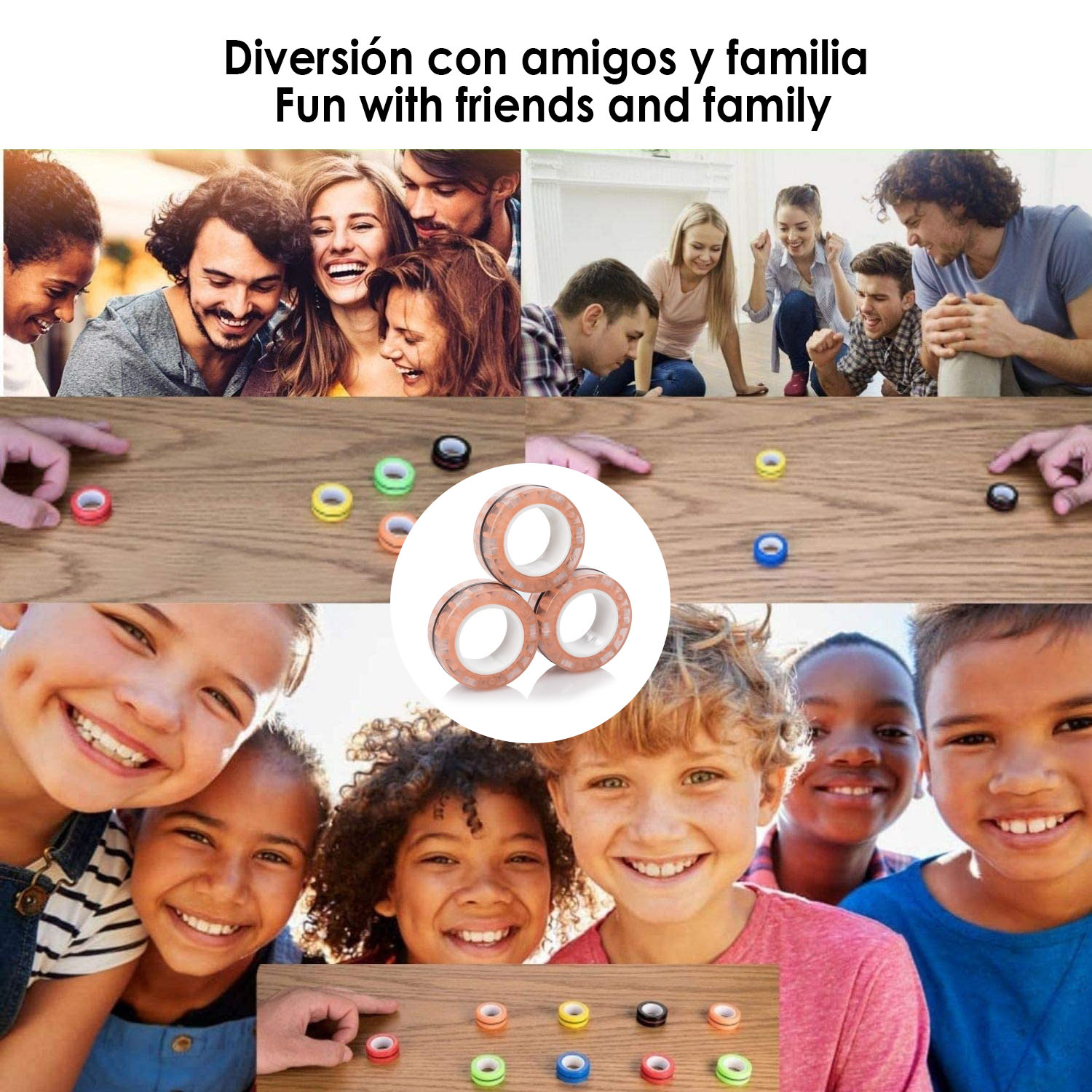 Il collage mostra persone, bambini sorridenti e anelli magnetici.