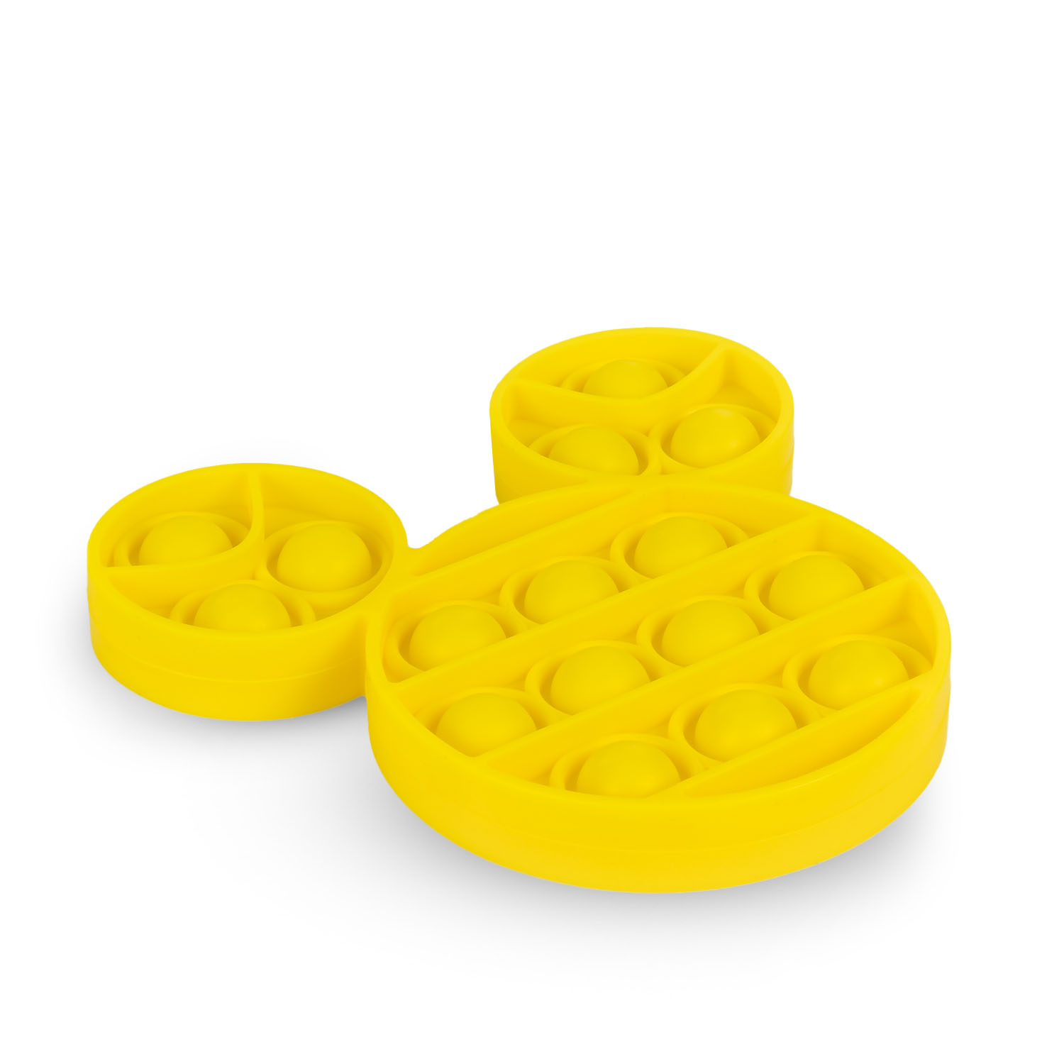 Un juguete antiestrés amarillo Pop-It con forma de Mickey Mouse.