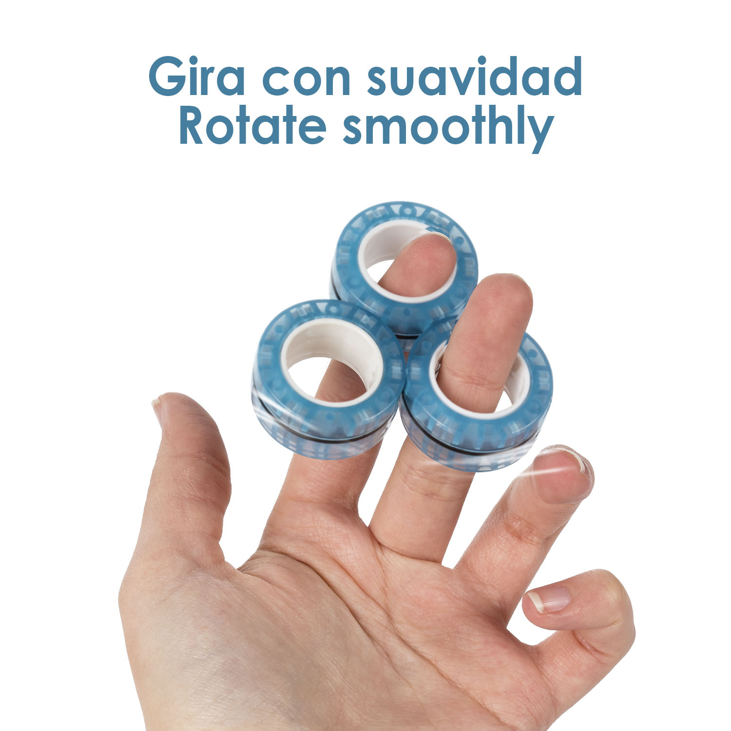 Tre anelli magnetici blu su dita che ruotano.