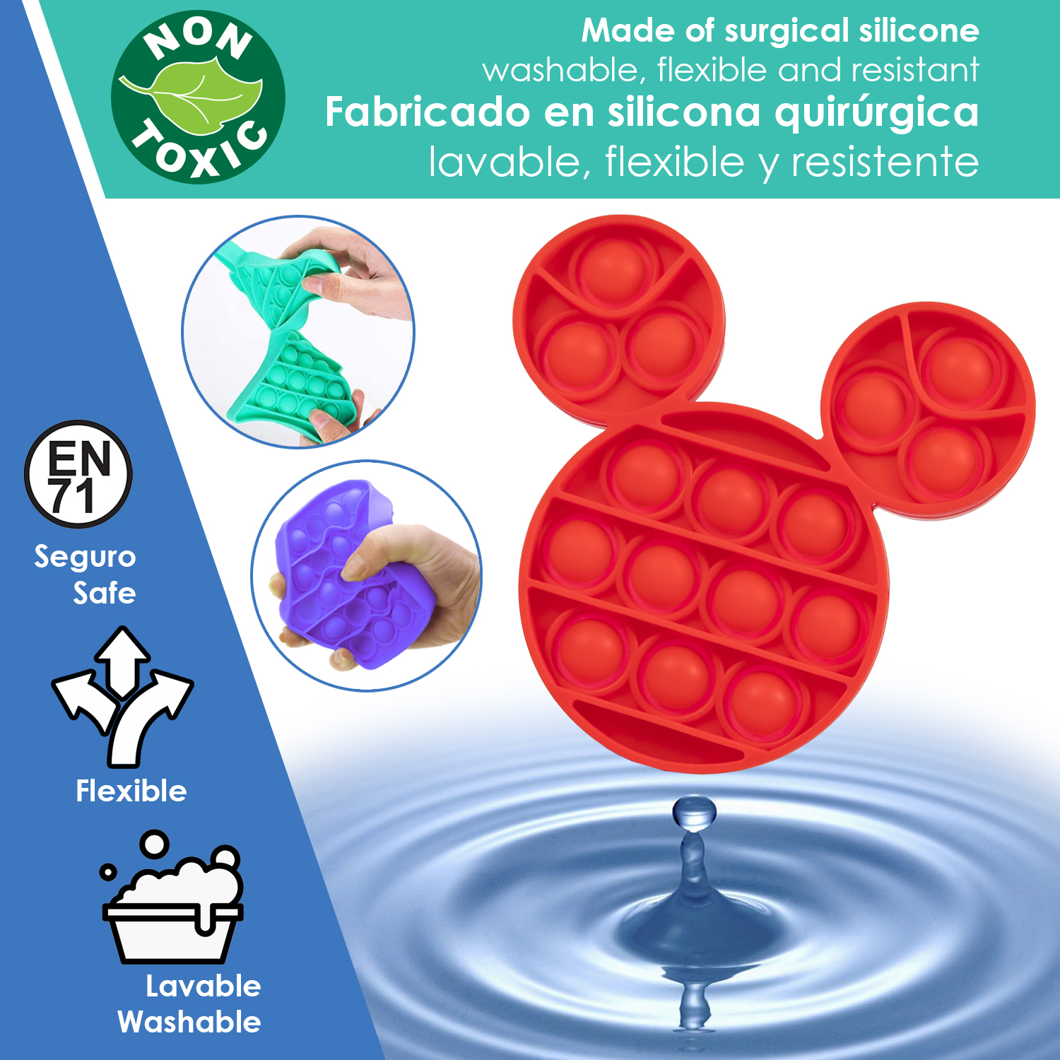 Un juguete Pop-It rojo con forma de Mickey Mouse sobre agua con gota.
