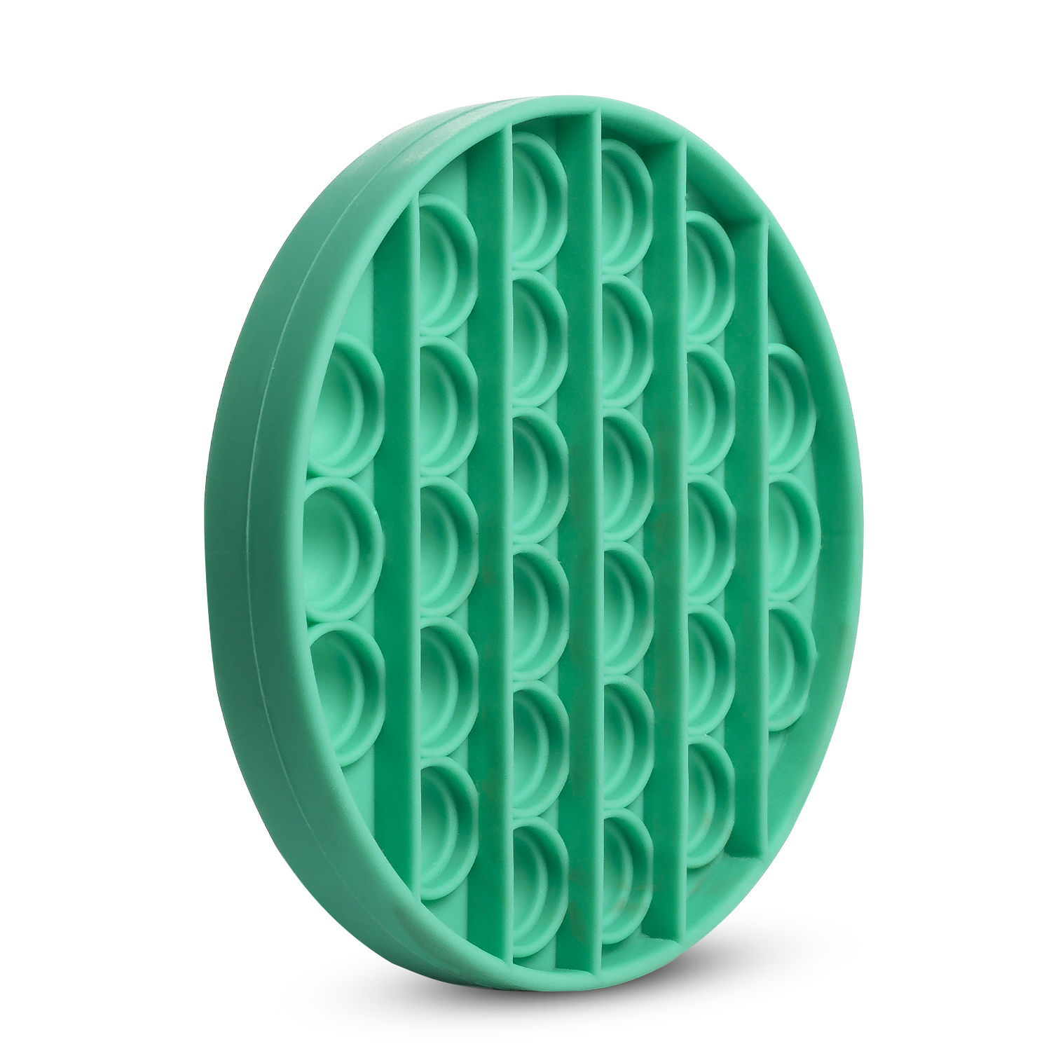 Un giocattolo antistress rotondo color turchese con bolle da premere.