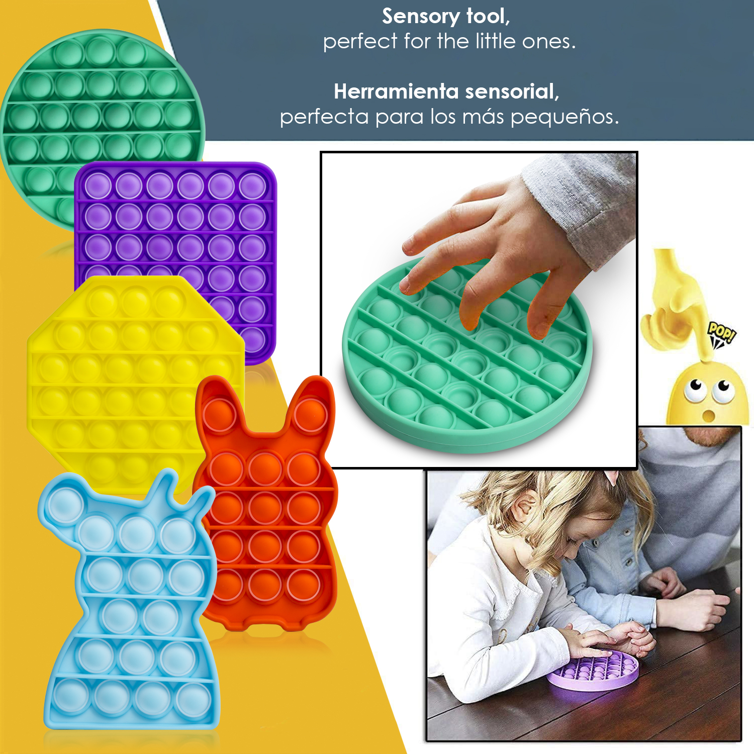 Colorati giocattoli Pop-It di varie forme e colori, apprezzati da bambini e adulti.