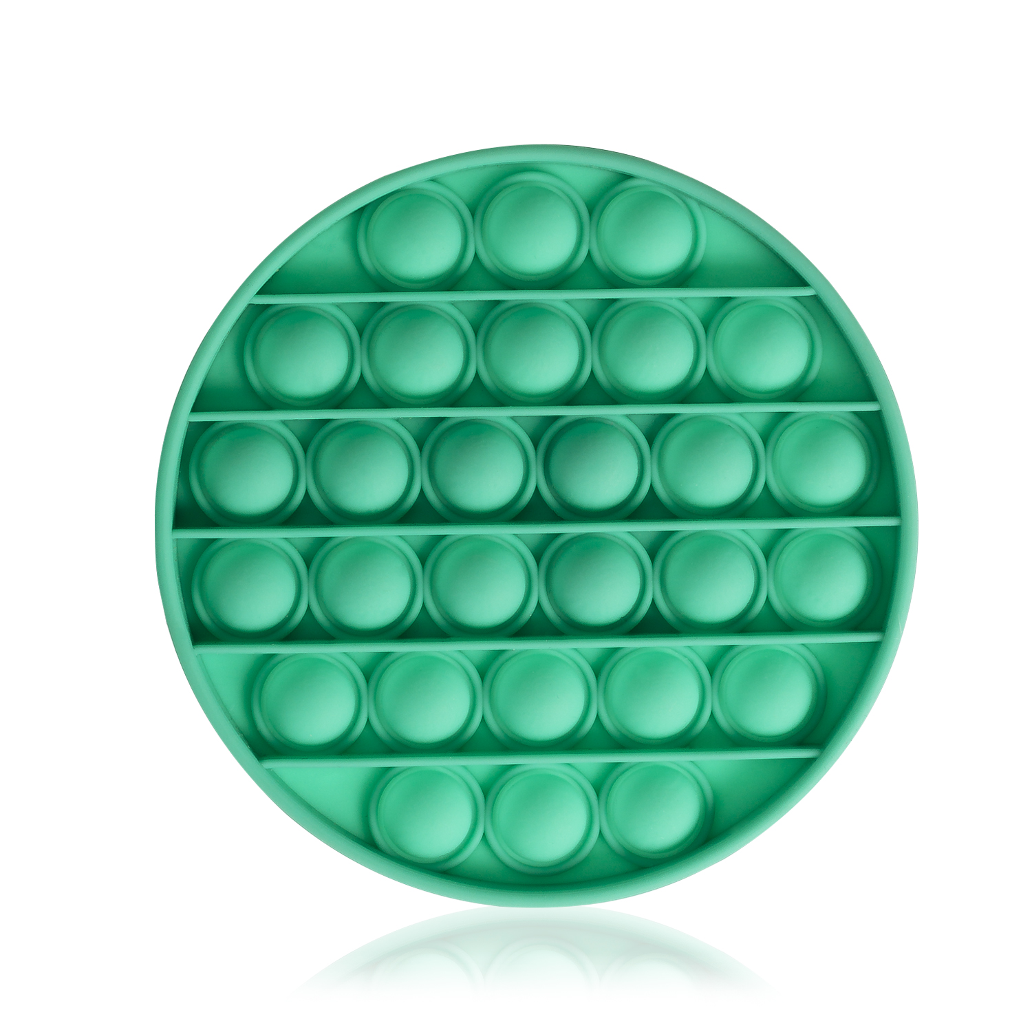 Un giocattolo antistress Pop It rotondo e turchese con bolle.