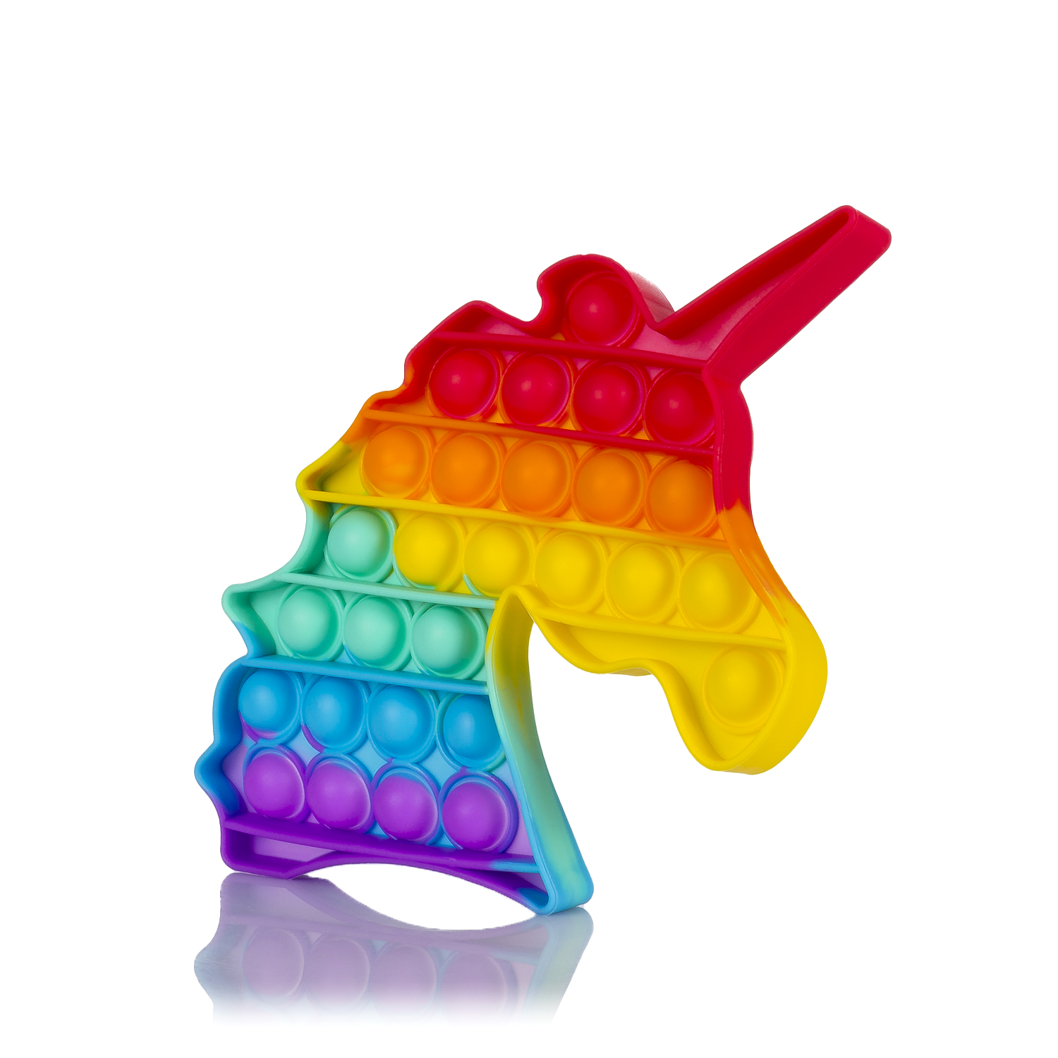 Un juguete pop-it de unicornio multicolor con muchas burbujas sobre fondo blanco.
