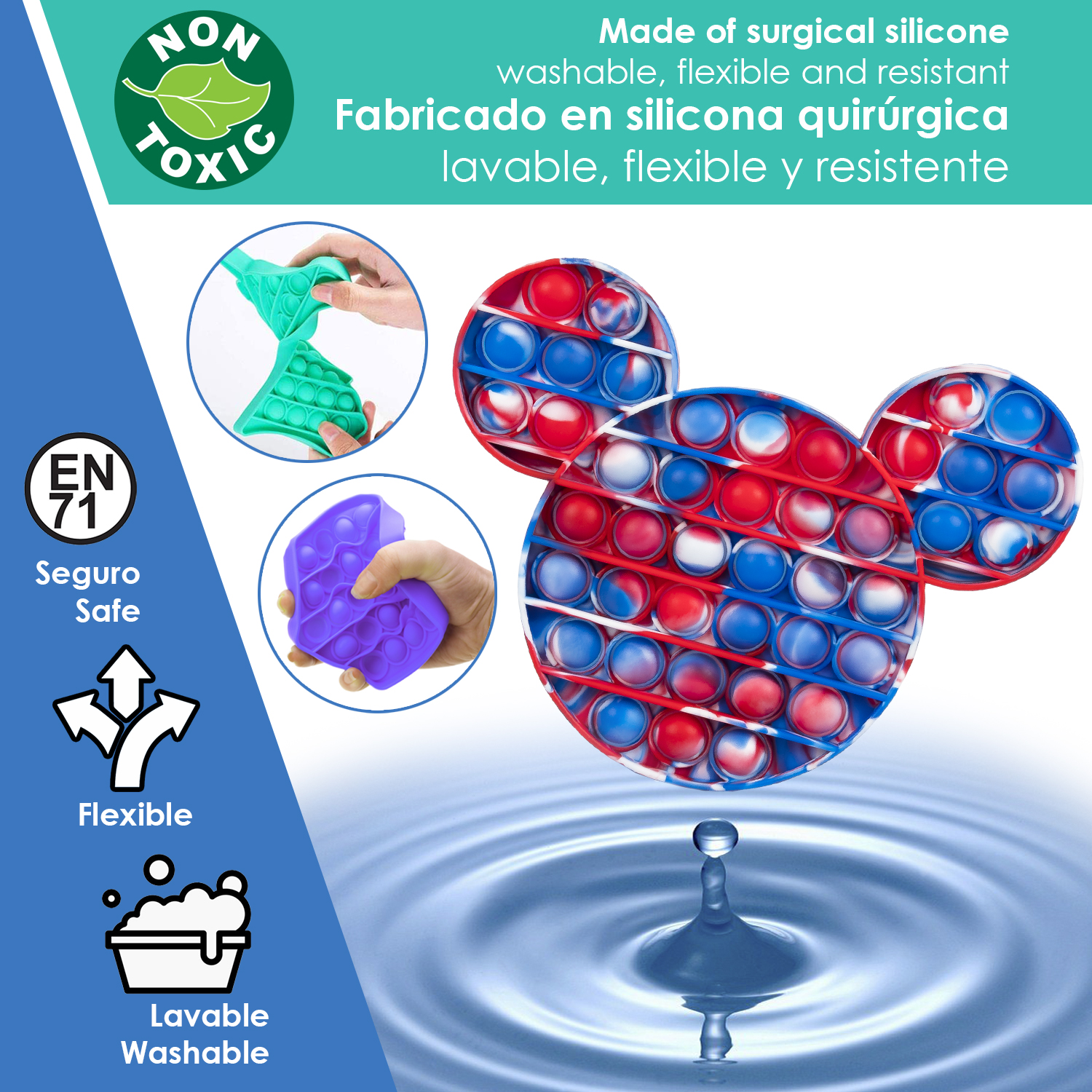 Un juguete pop-it con forma de Mickey Mouse en rojo, blanco y azul sobre agua.
