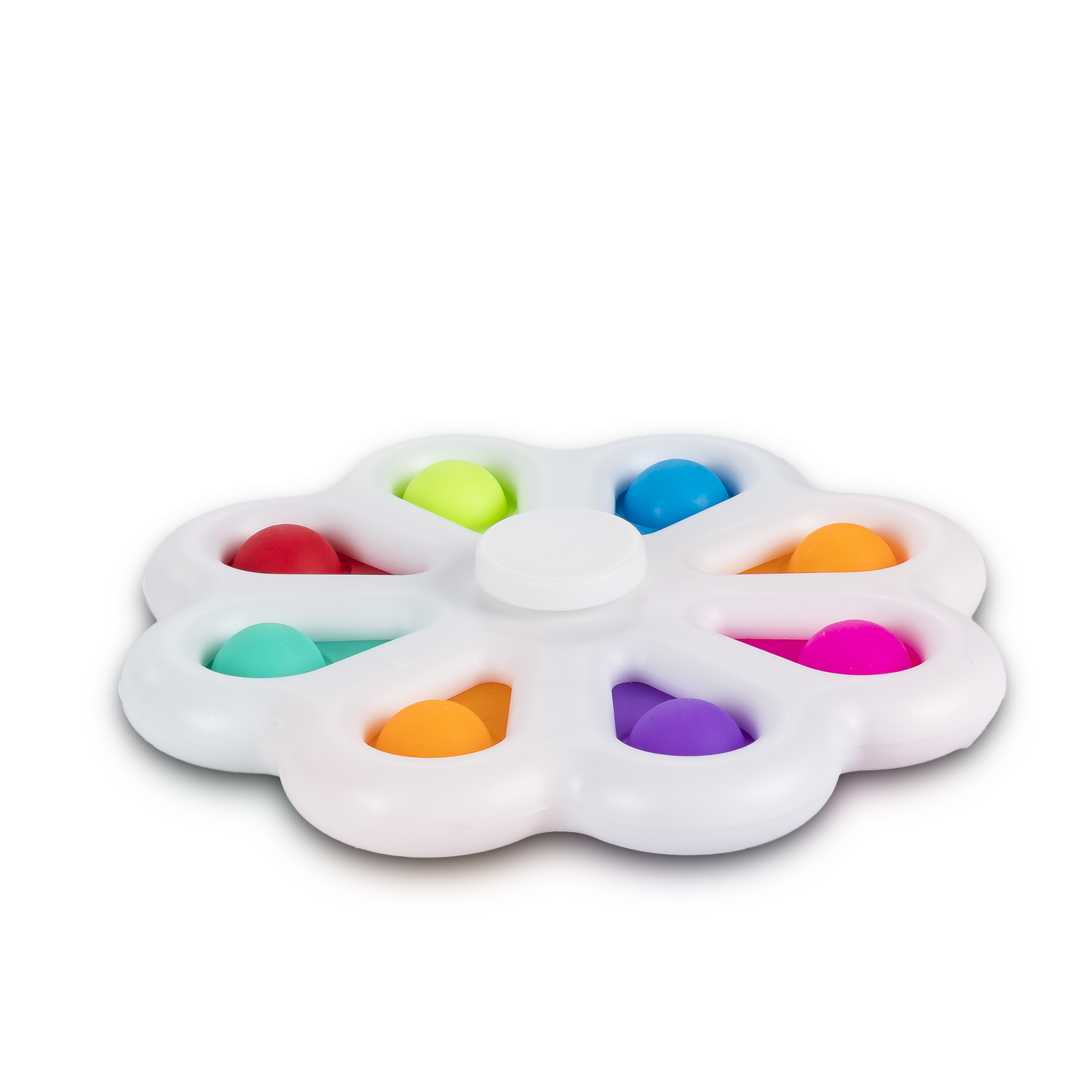 Un juguete blanco con bolas de colores en forma de pétalo.