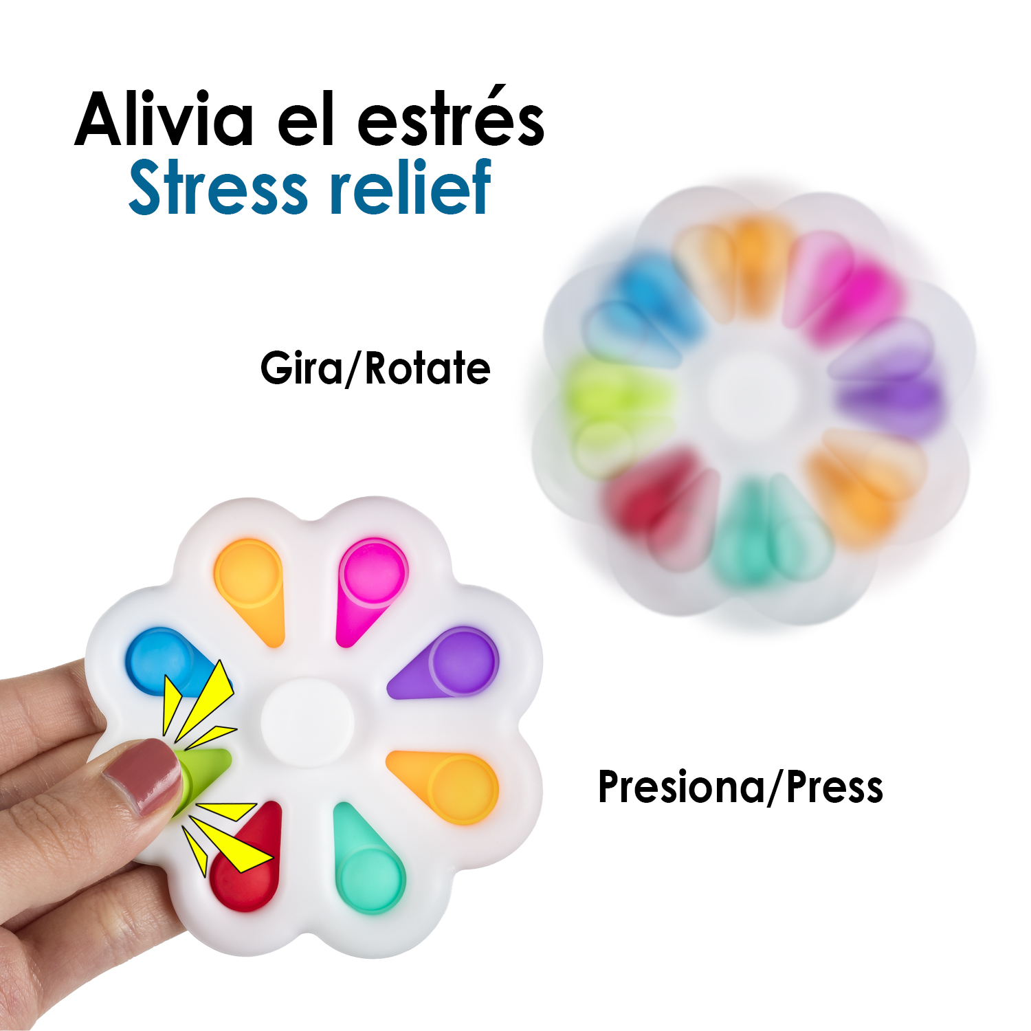 Un spinner de fidget colorido con ocho burbujas siendo presionadas.