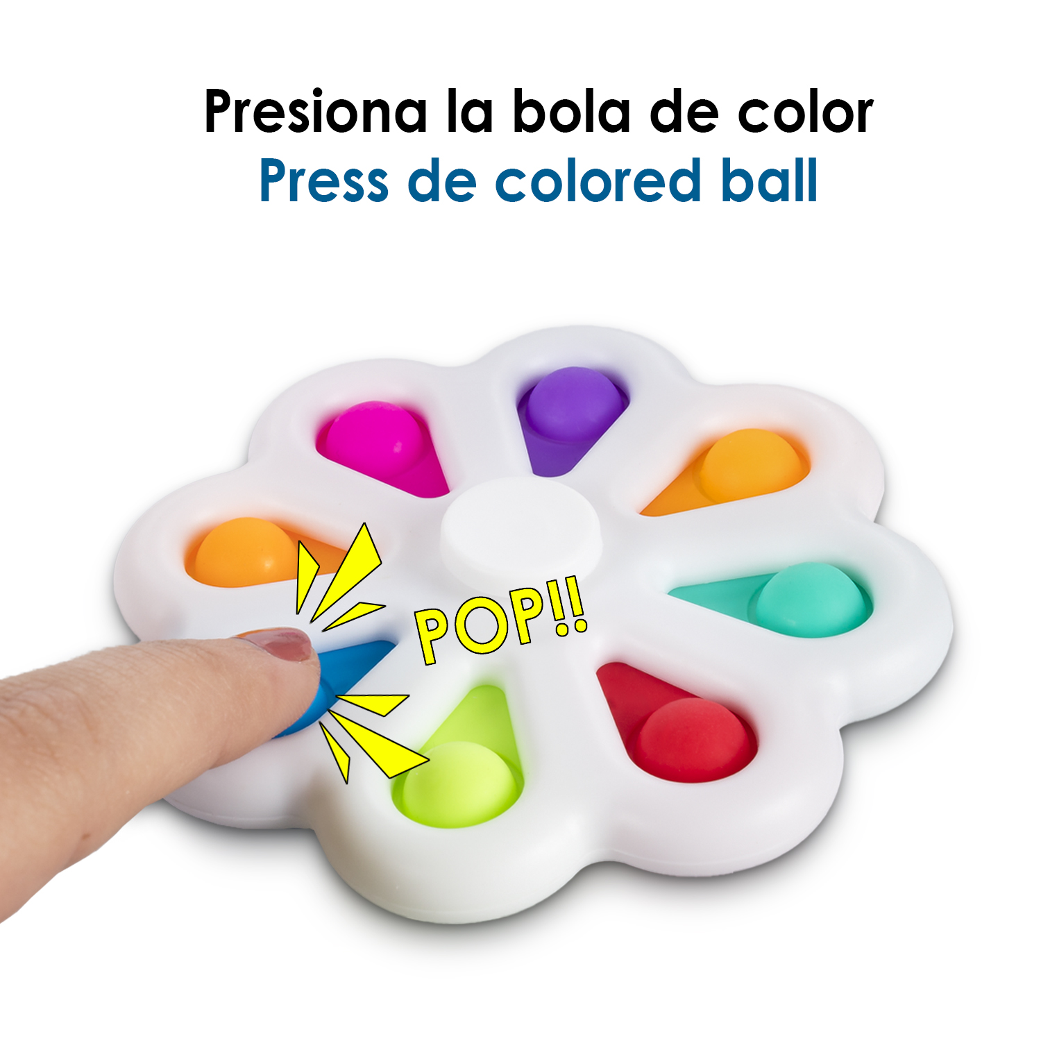 Un dedo presiona un botón azul en un juguete colorido. ¡Pop!