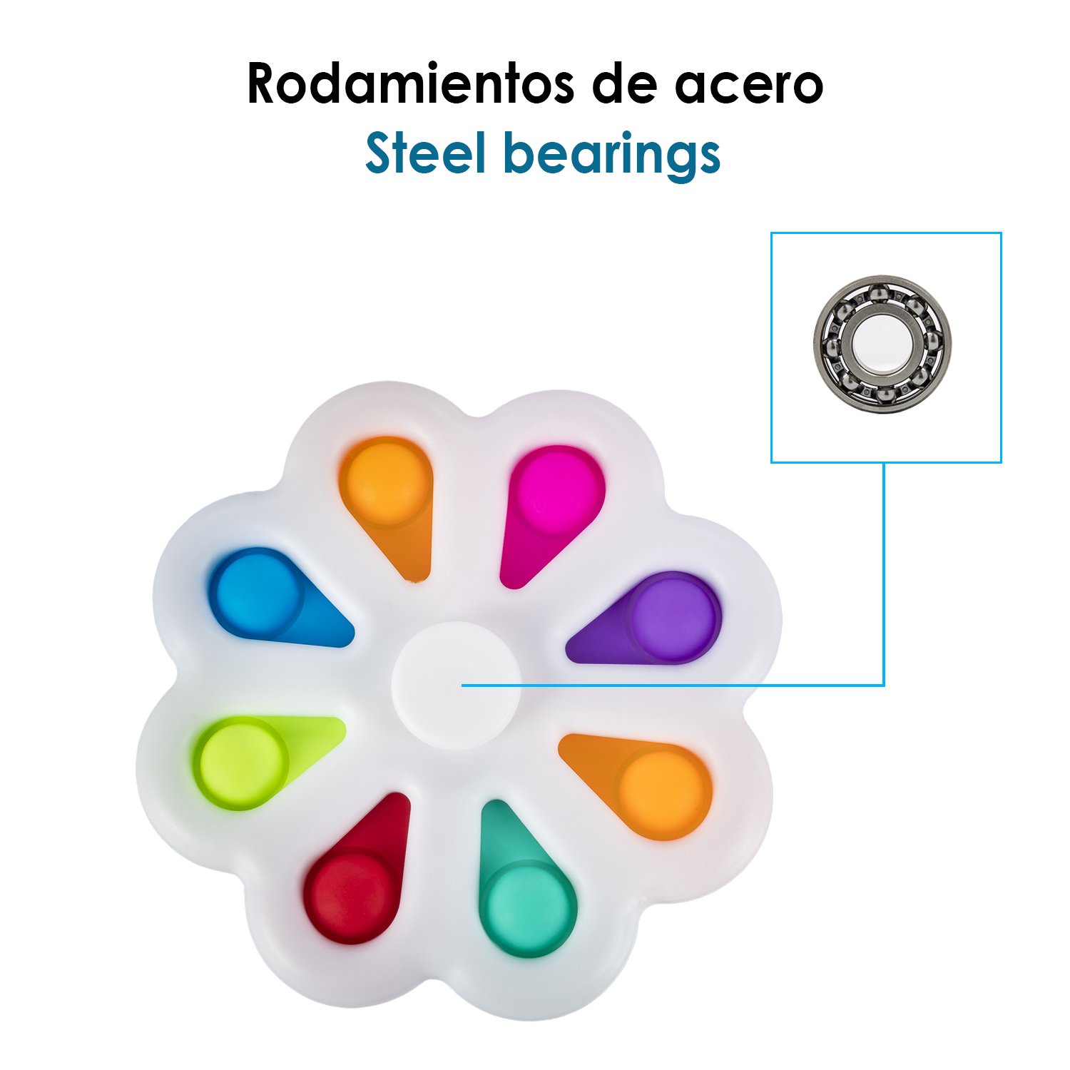 Un juguete colorido con ocho hendiduras y un rodamiento en el recuadro.