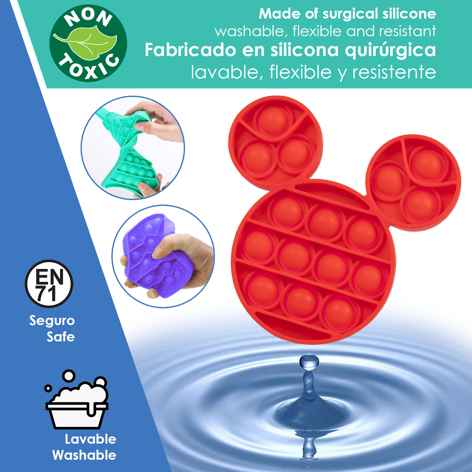 Un juguete Pop It rojo con forma de Mickey Mouse de silicona sobre agua.