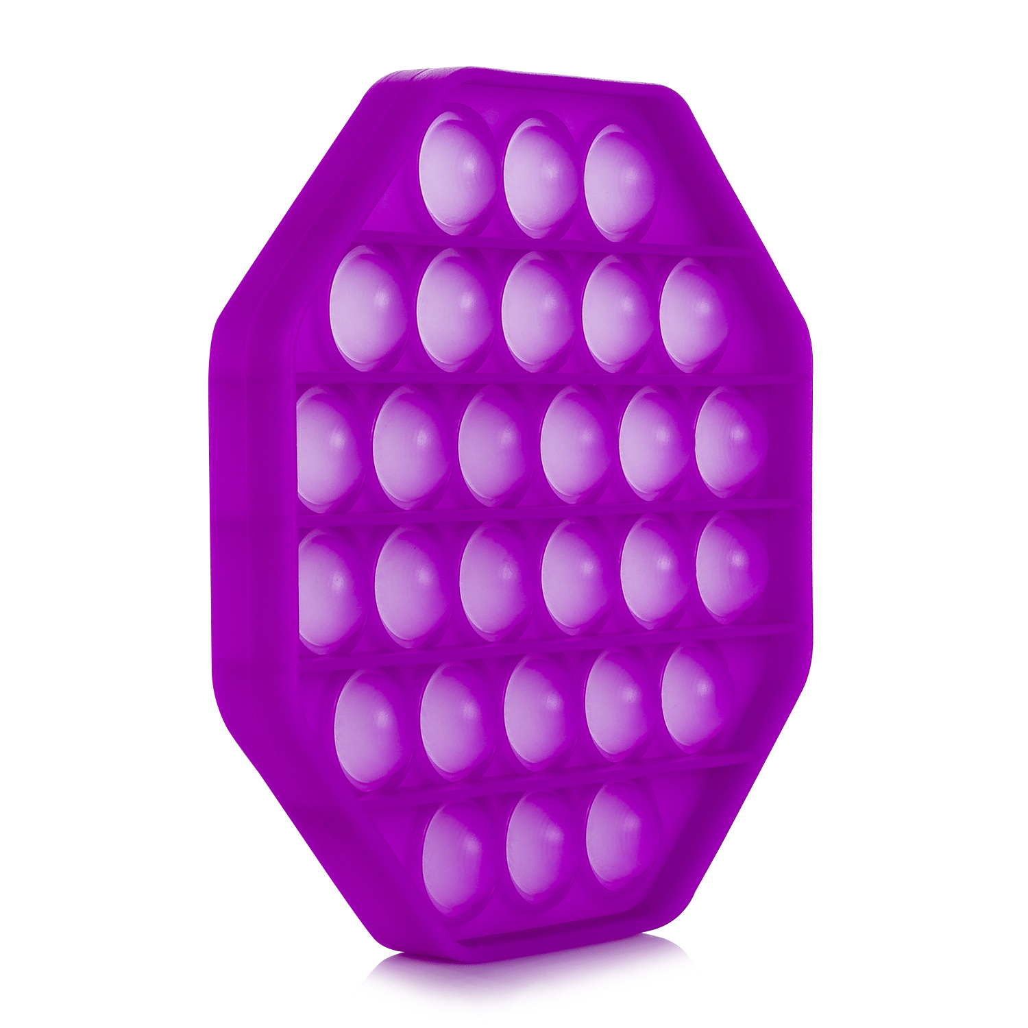 Un juguete Pop It morado octogonal con burbujas sobre fondo blanco.