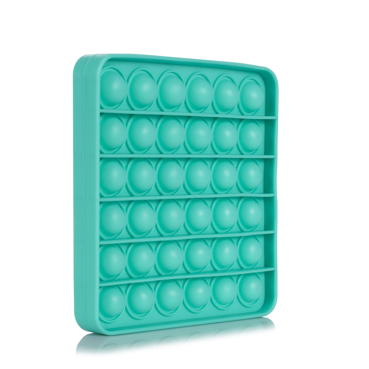 Un cubo de juguete Pop It de color verde azulado con 25 burbujas, aislado sobre fondo blanco.