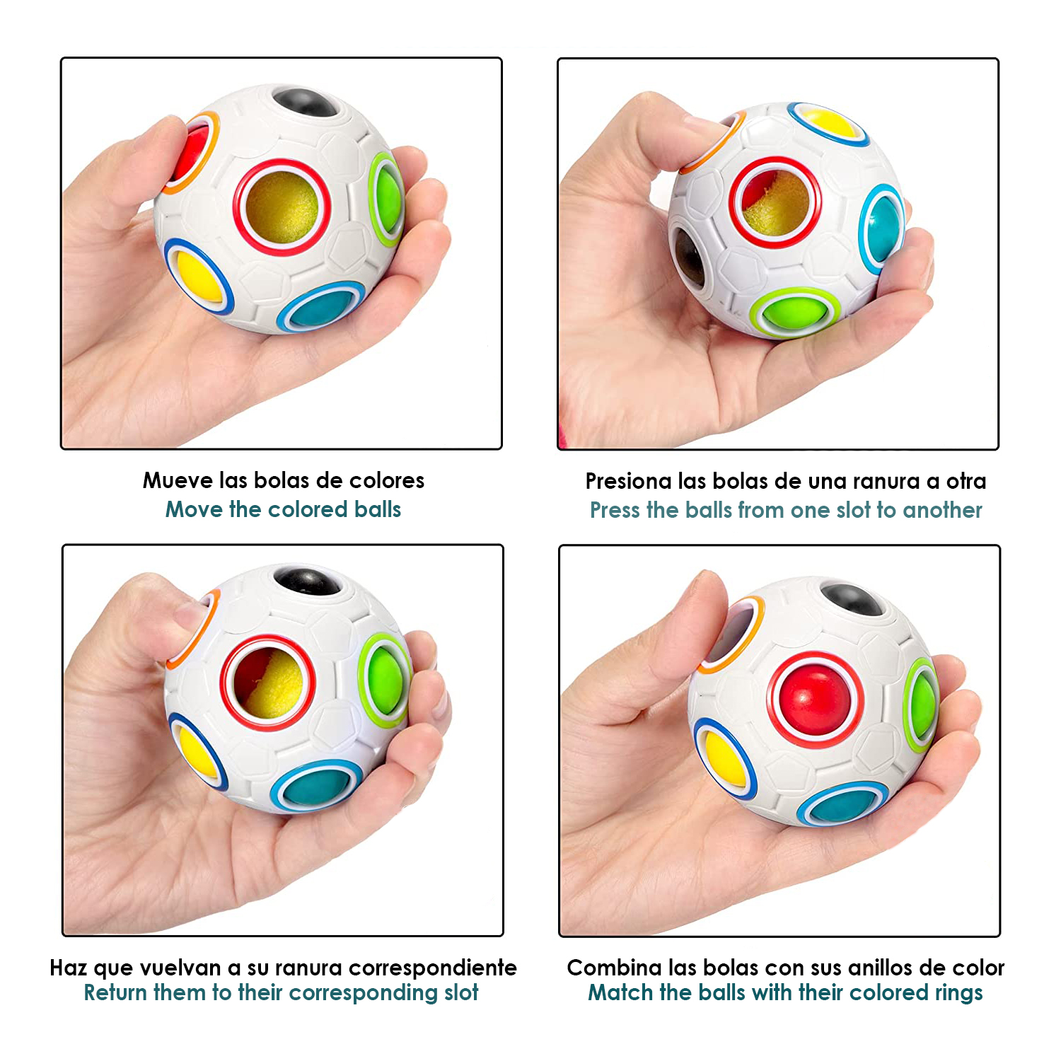 Una mano sostiene una pelota colorida con ranuras y bolas rojas, amarillas, azules, verdes, naranjas y negras.