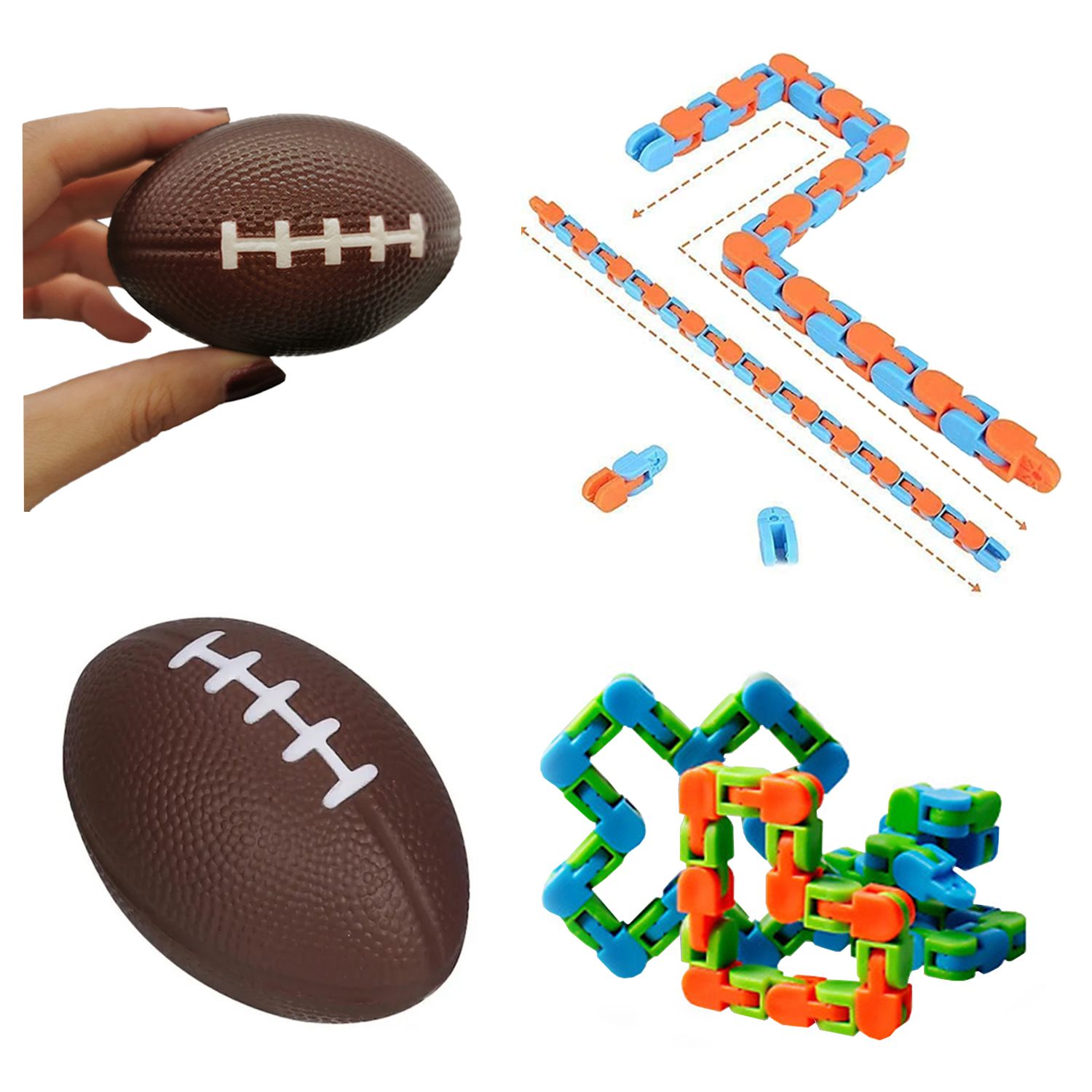 Cuatro juguetes: dos balones de fútbol americano y dos cadenas articuladas.