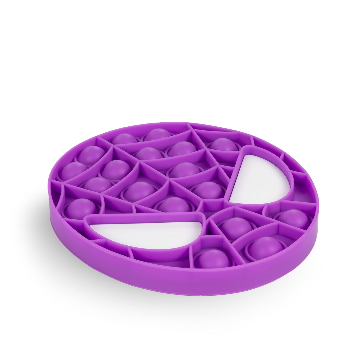 Juguete pop-it morado con forma de telaraña y acentos blancos.