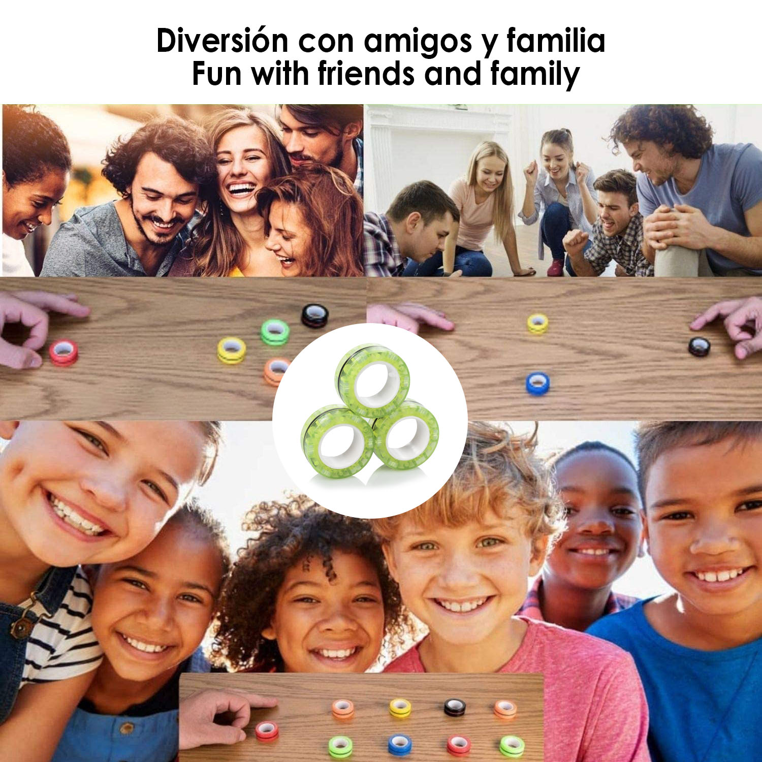 Collage de amigos riendo y niños jugando con anillos.